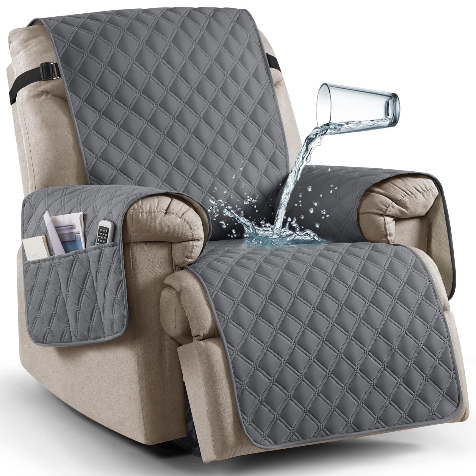 Ruaozz 100% Waterproof Recliner Chair Cover Non-Slip Reclining Cover for Recliner Chair Washable Chair Seat Cover with Elastic Straps for Kids, Dogs, Pets (Dark Grey, 23'')