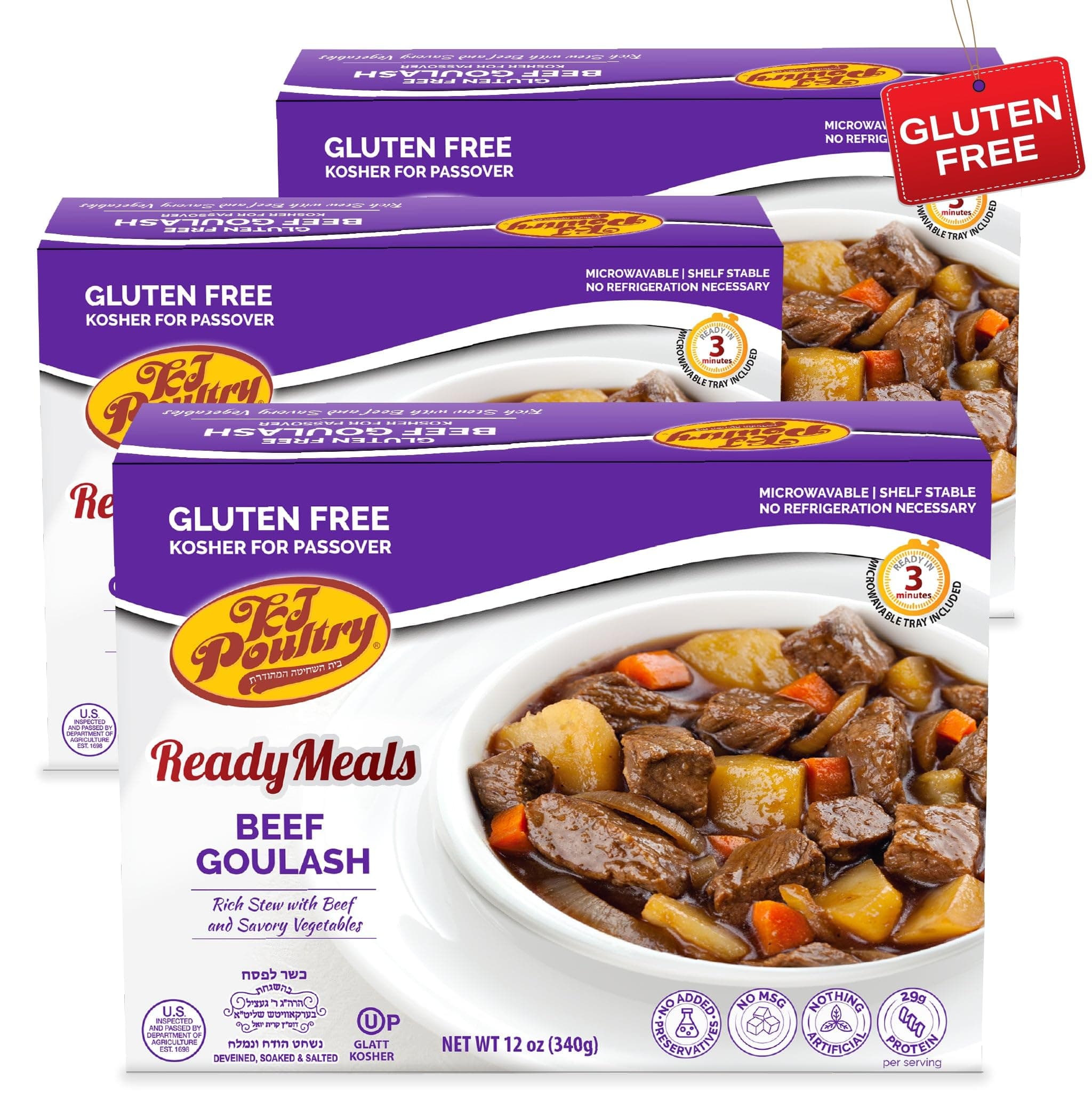 KJ Poultry Kosher for Passover Gluten Free Meals, Beef Goulash Stew with Vegetables (3 Pack) Prepared Entree Fully Cooked, Shelf Stable Microwave Dinner, Travel, Military, Camping, Emergency Survival