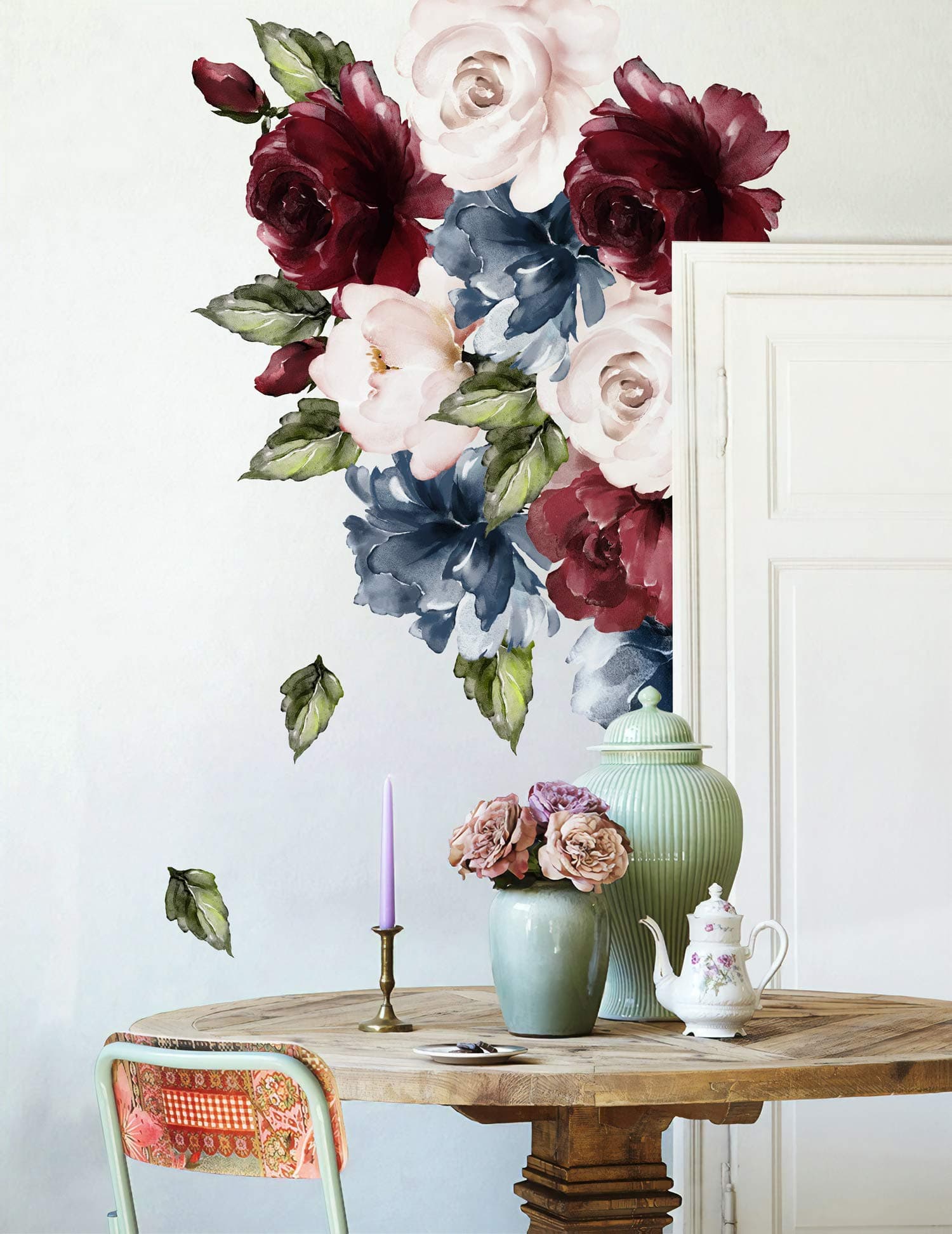 Murwall Peony Floral Wall Decal Pink Rose Wall Sticker Pink Flower Peel n Stick Colorful Florals Wall Decals for Living Room Bedroom