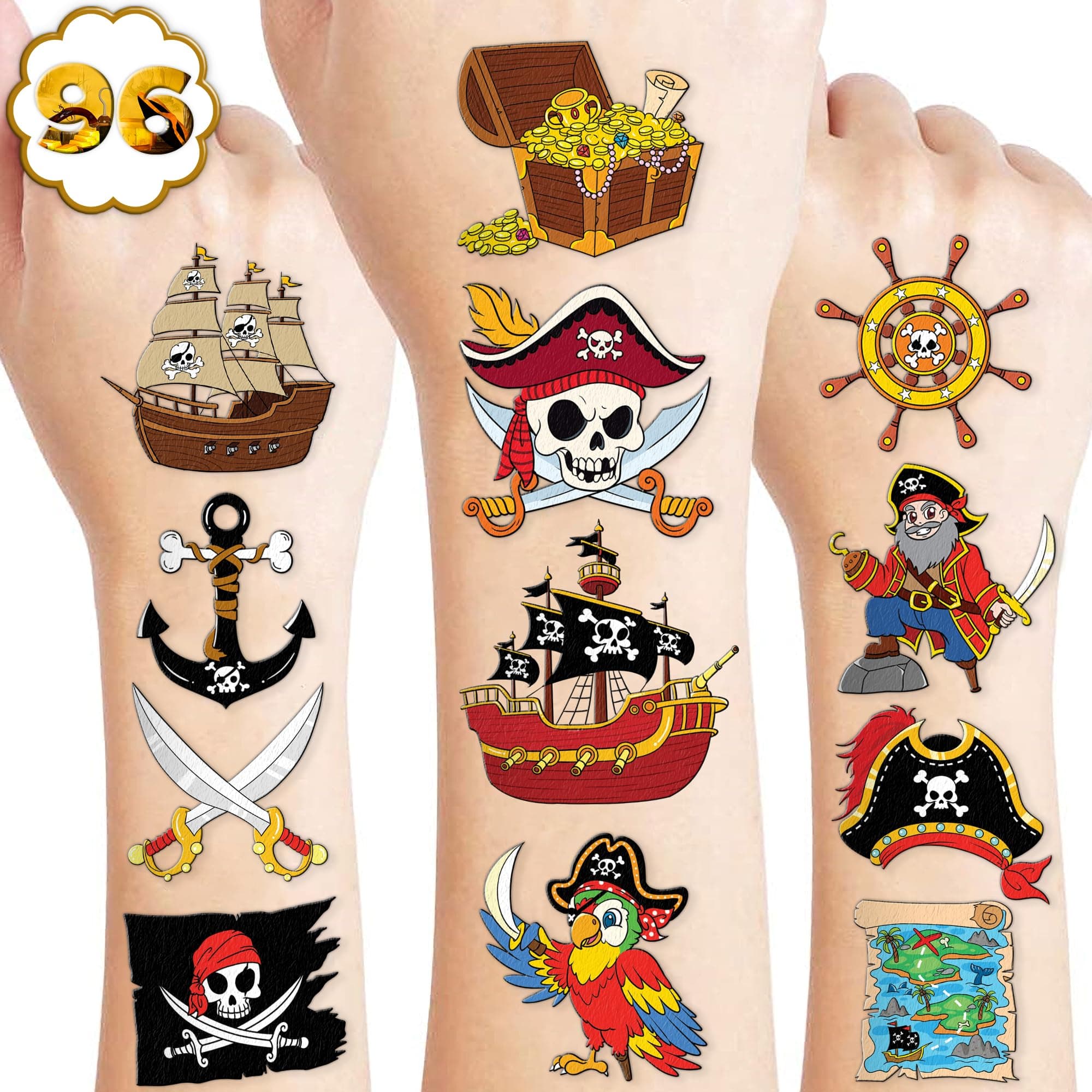96PCS Pirate Ship Nautical Pre-Cut Temporary Tattoos for Kids | Super Cute Theme Birthday Party Favors, Supplies, Decorations, Mermaid Treasure Fake Tattoo Stickers (Multiple)