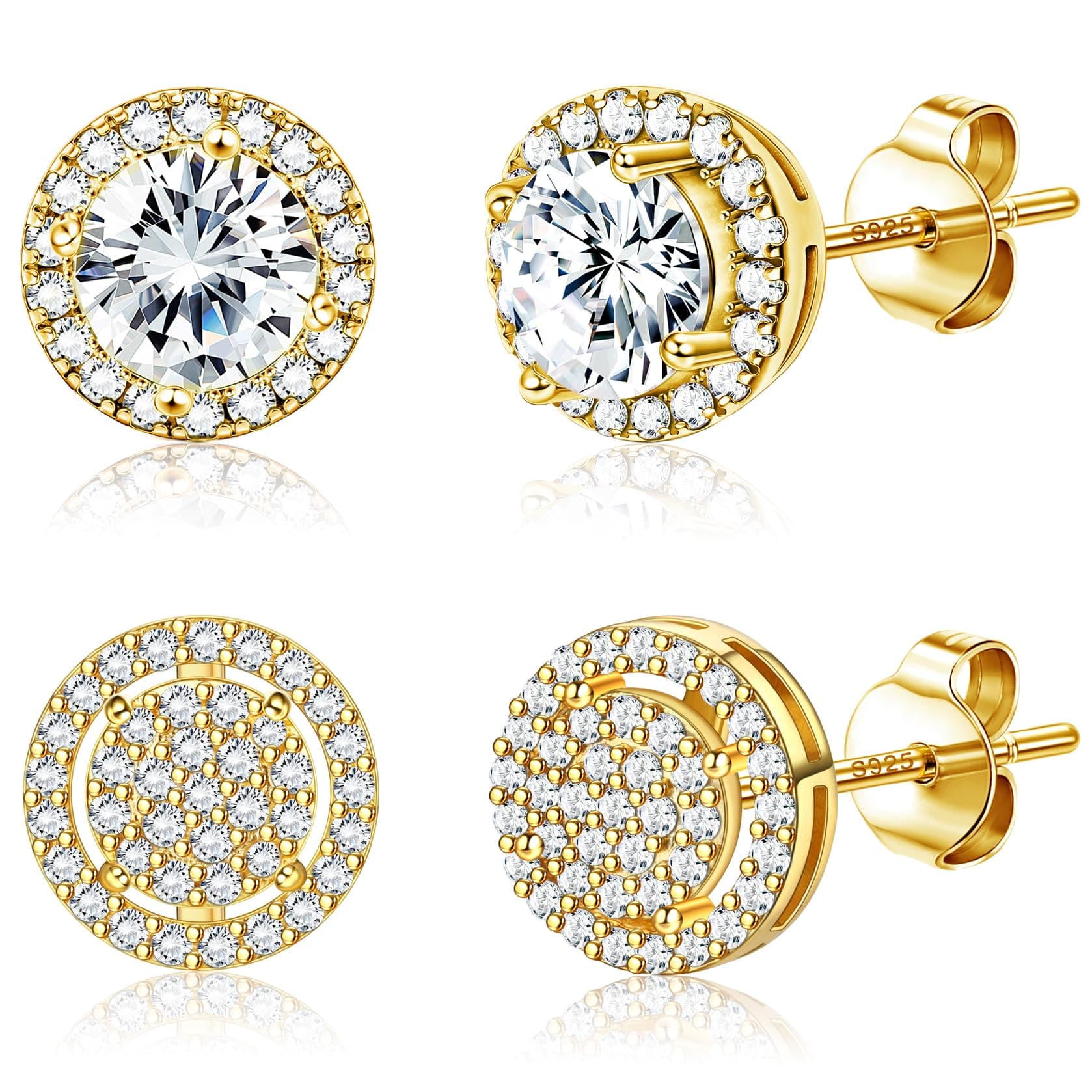 Cubic Zirconia Stud Earrings for Men Women, 14K Gold Plated Hypoallergenic 925 Sterling Silver Post Earrings Set, Iced Out Round & Square CZ Studs, Halo Earrings
