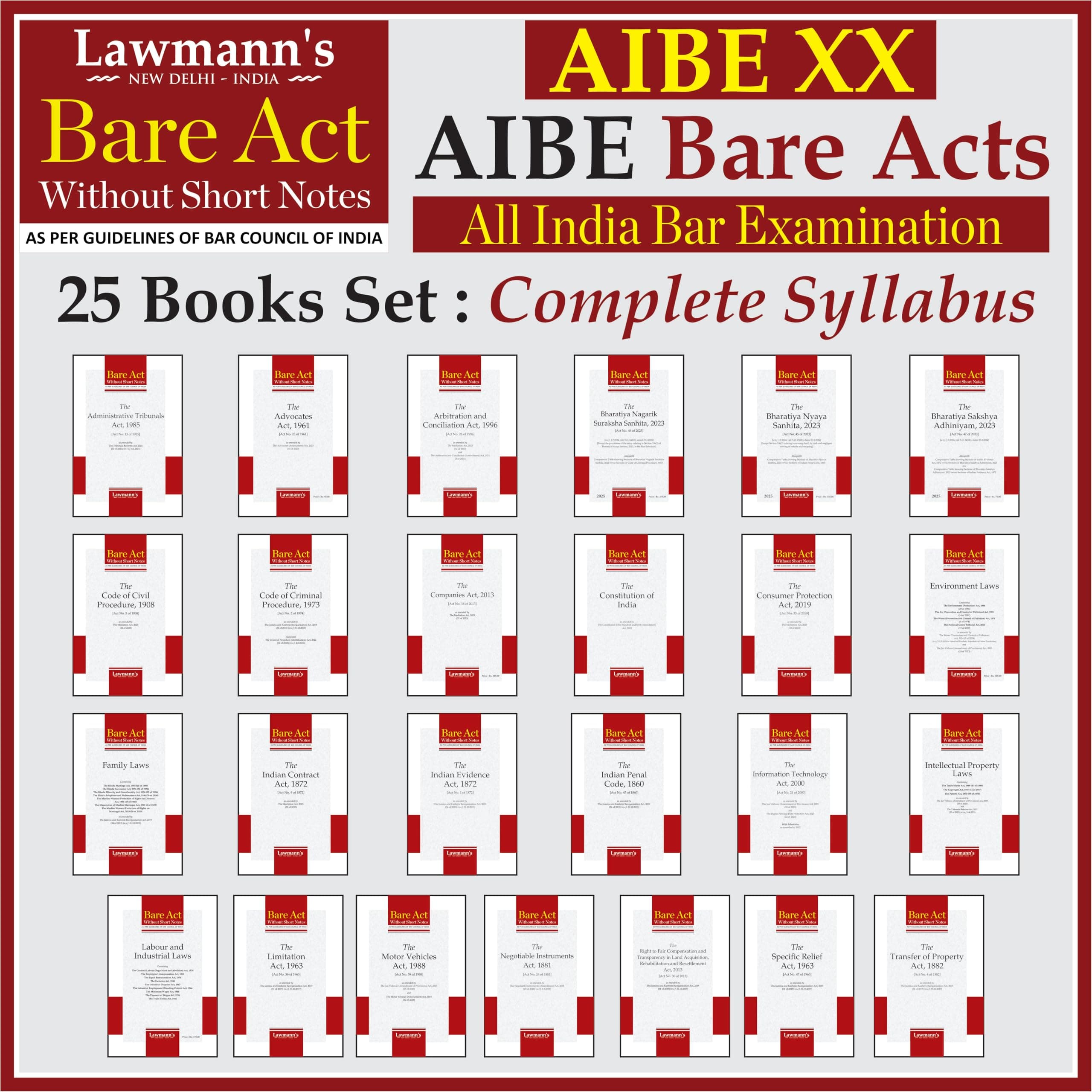 AIBE Bare Acts without Notes | 25 Books Set Combo | Full Syllabus with 50+ Acts including New Criminal Laws BNSS, BNS, BSA | As per Bar Council of India Guidelines | Edition 2026