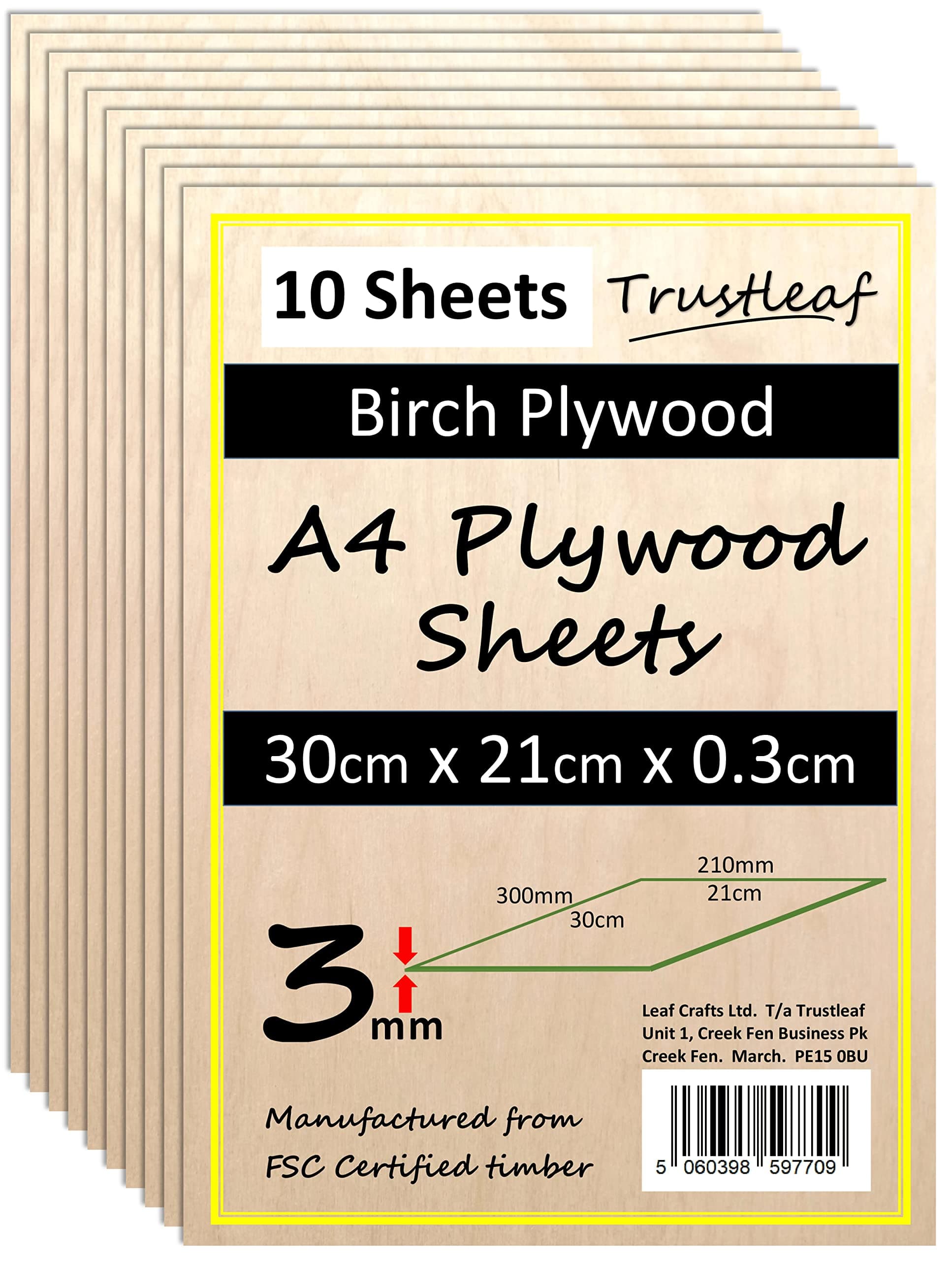 3mm Birch Plywood A4-300x210x 3mm - (Pack of 10) Laserable Low Fume E1 Glue Ply