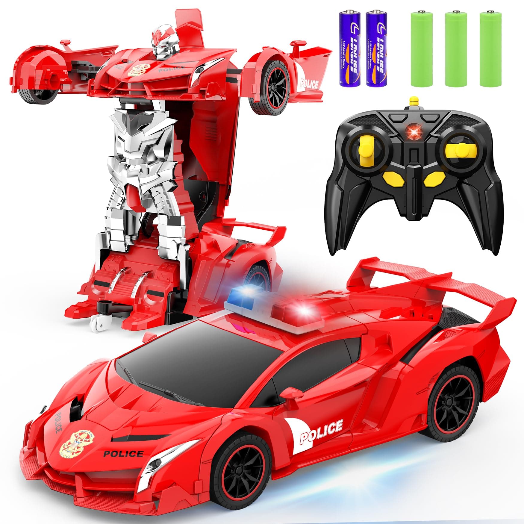 FDJ Transform Remote Control Car Robot, One Button Deformation to Robot with Flashing Light, 2.4Ghz 1:18 Scale Transforming Police Car Kids Toys with 360 Degree Rotating Drifting, Toys for Boys Girls