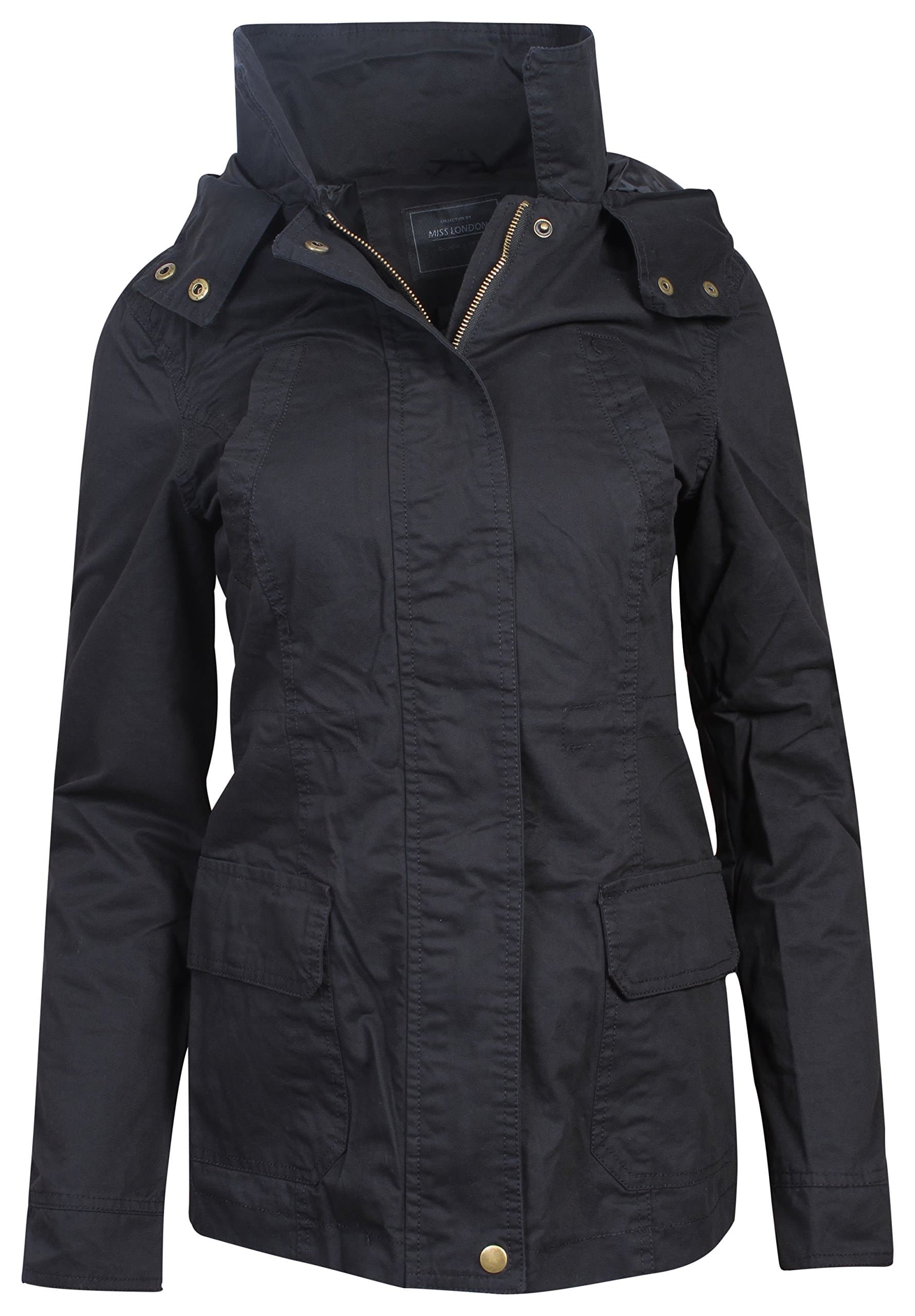 'Miss London Women\'s Military Anorak Hoodie Jacket with Drawstring Waist, Black, Large'