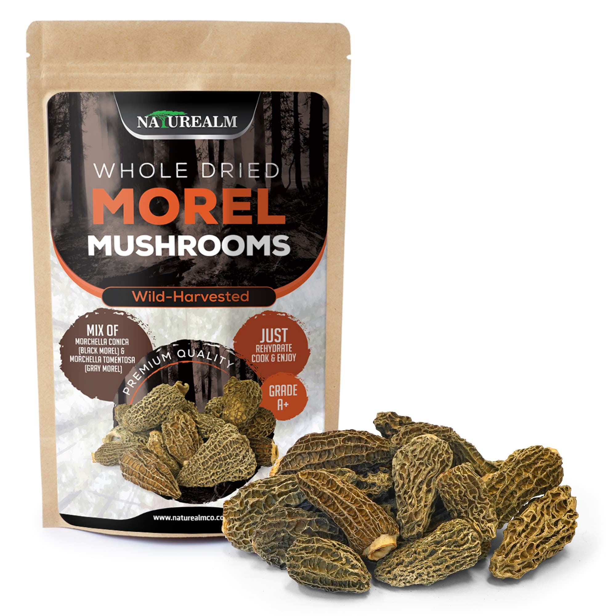 Naturealm Morel Mushrooms Wild-Harvested in Canada, Grade A+ Premium Clean Whole Dried Morels in Compostable Bag - 2oz.