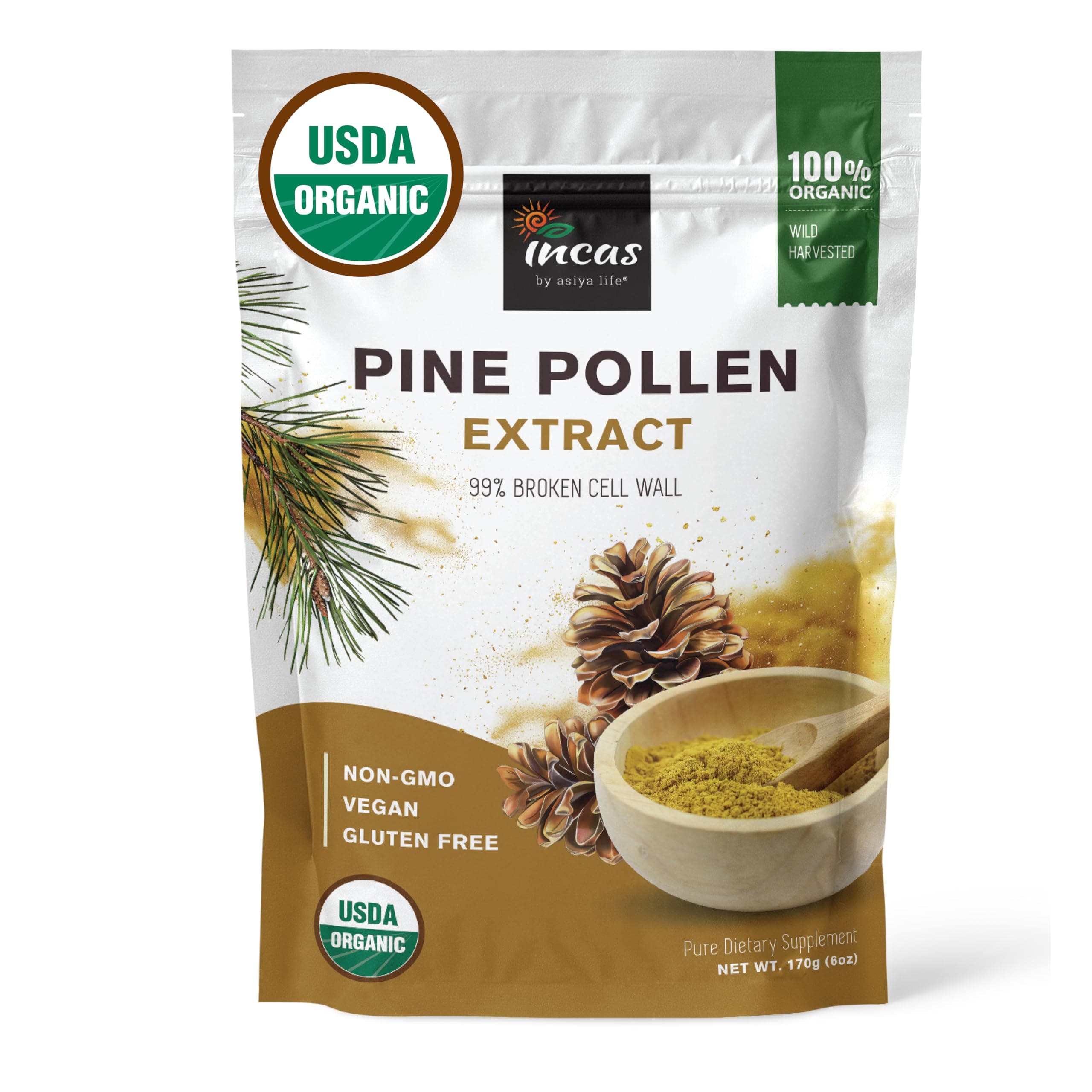 Incas by Asiya Life 100% USDA Organic Pine Pollen Powder Non GMO Verified 99% ed Cell Wall, Wild Harvested, Non-Irradiated, Boosts Energy & Immune Support, No Fillers or Additives