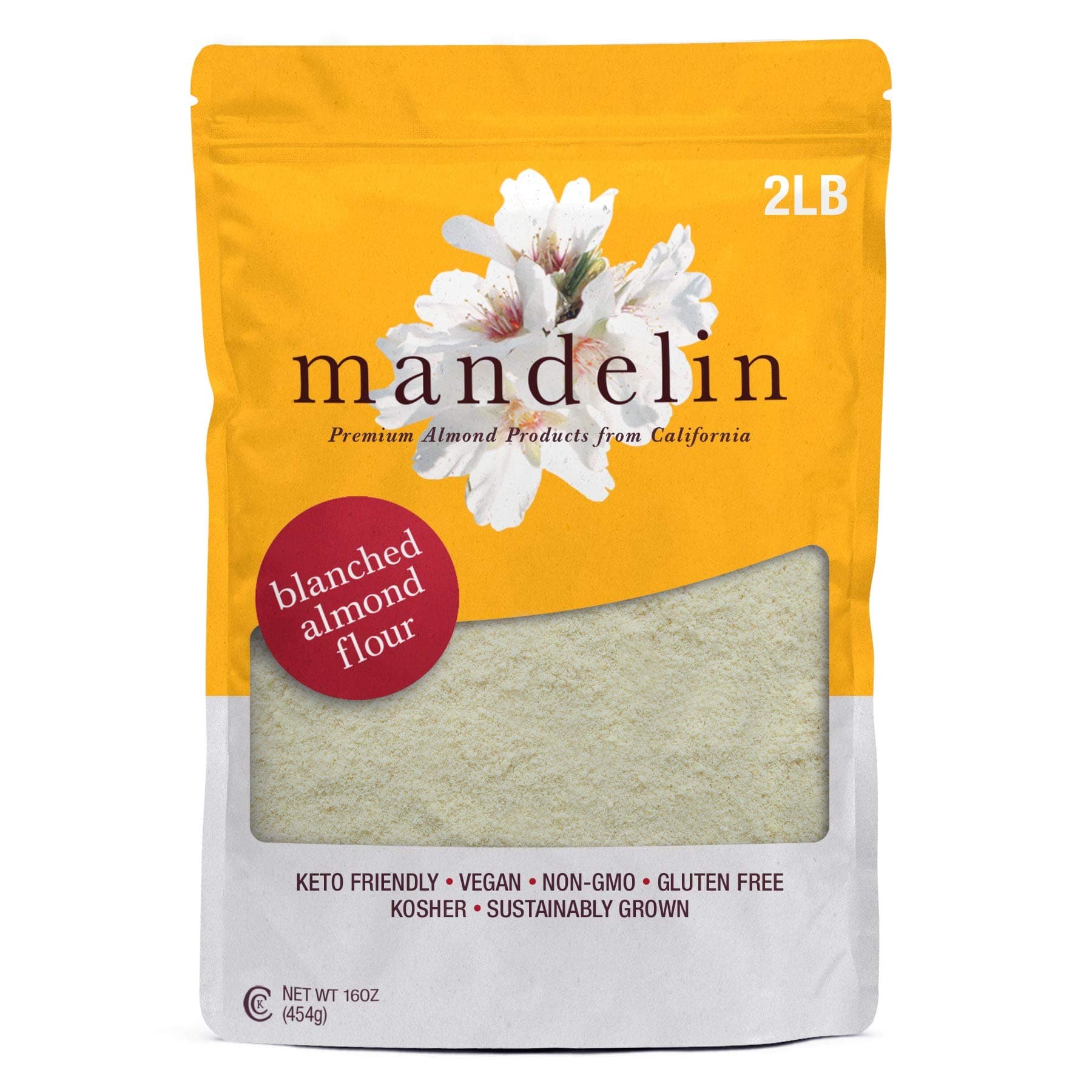 Mandelin Grower Direct Pure Blanched Almond Flour 2 lb / 32oz, Finely Ground, Non-GMO, Gluten Free, Vegan, Keto Plant Based Diet Friendly, Kosher for Passover, Every Batch Tested for Quality