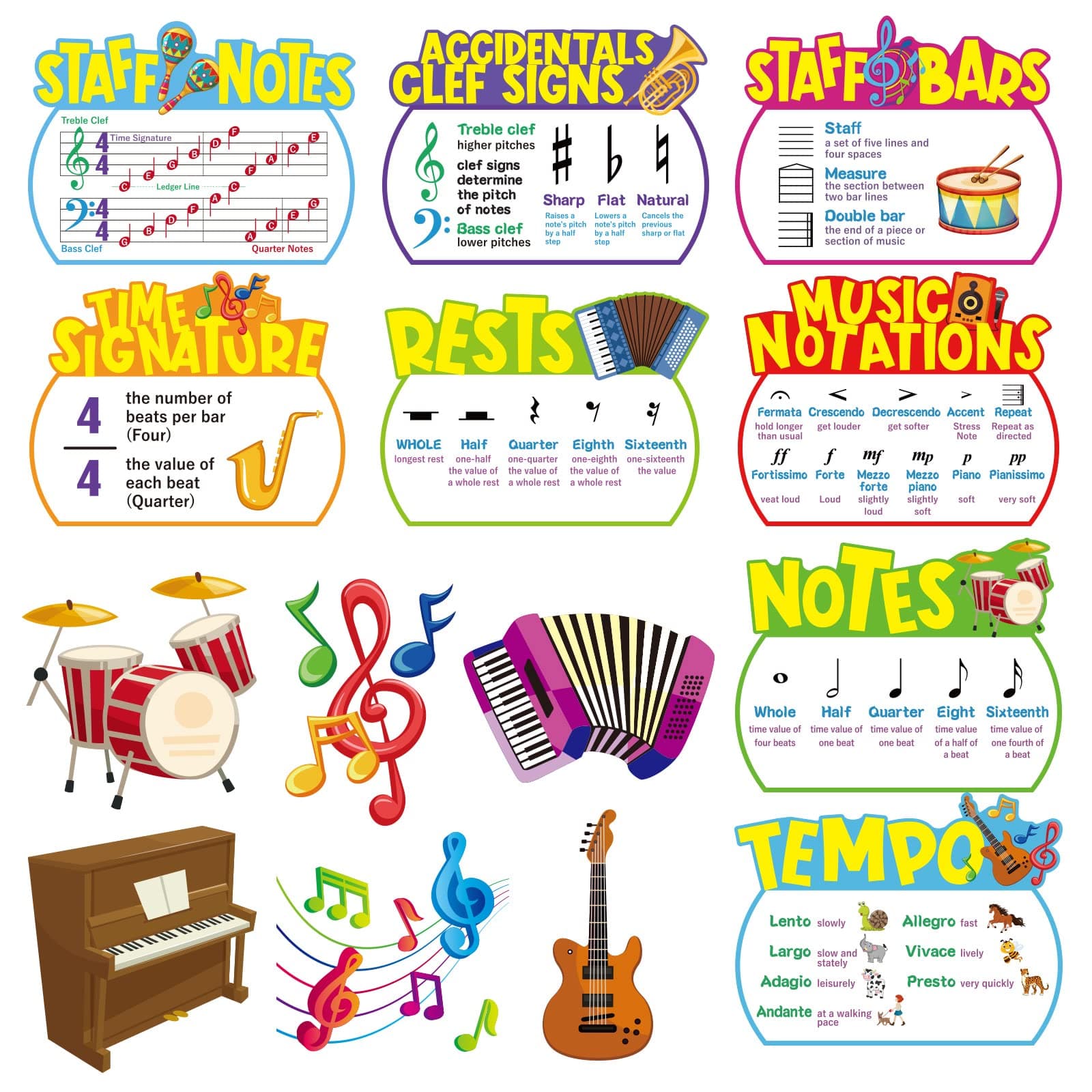 14 Pieces Music Elements Bulletin Board Set Musical Education Posters Music Classroom Decor for Middle School and High School Classroom Decorations or Homeschool Supplies