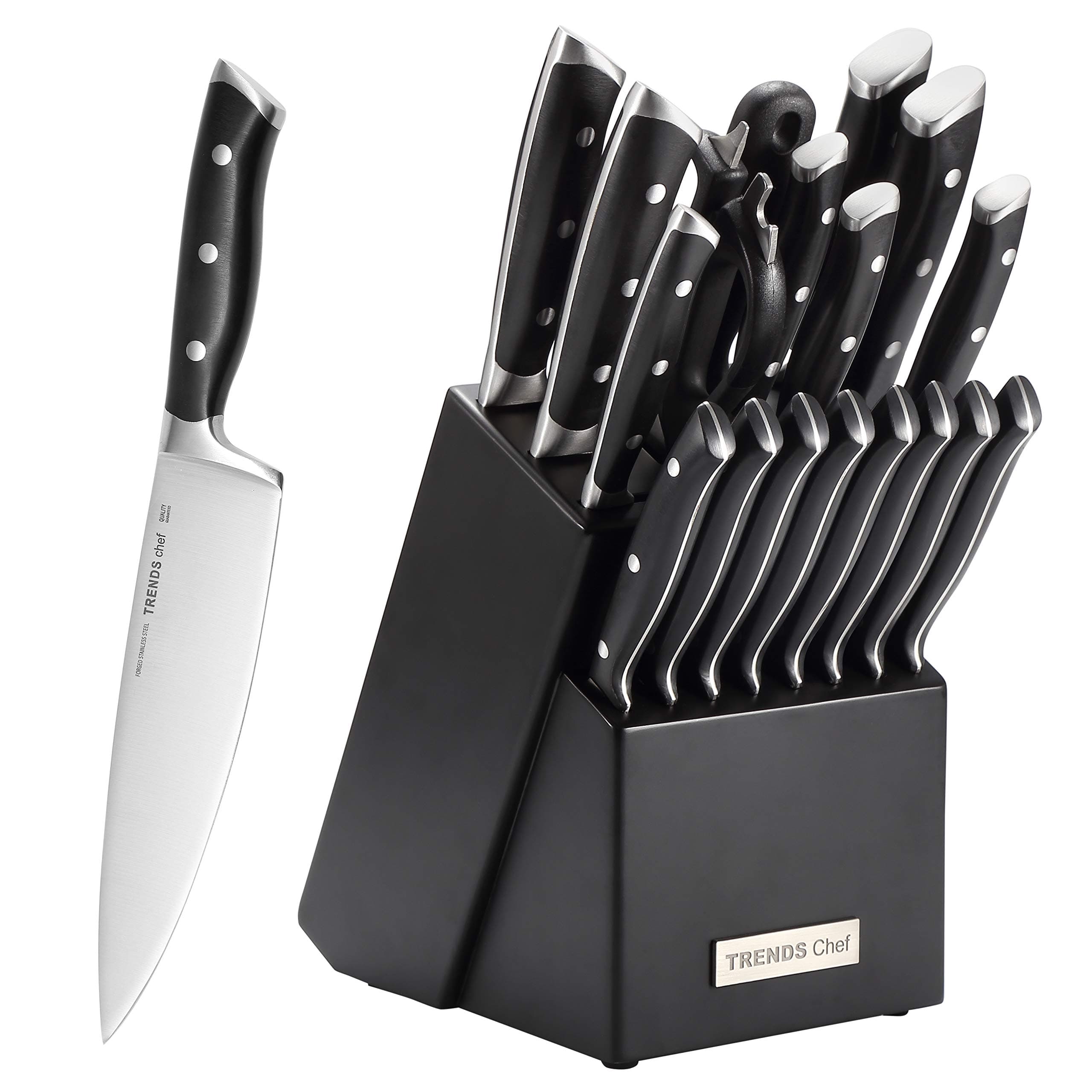 TRENDS Chef 19 Pc Premium German Steel #1.4116 Kitchen Knife Block Set. Triple Rivet, This set of Knives is a super sharp knife set for the kitchen, 16 Knives, Sharpener, Block, and kitchen shears.