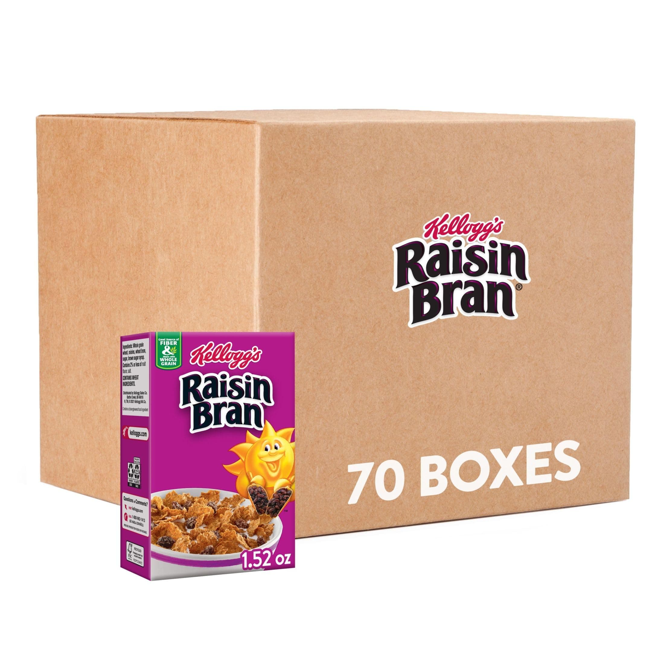 Kellogg's Raisin Bran Breakfast Cereal, Fiber Cereal, Made with Real Fruit, Original (70 boxes)