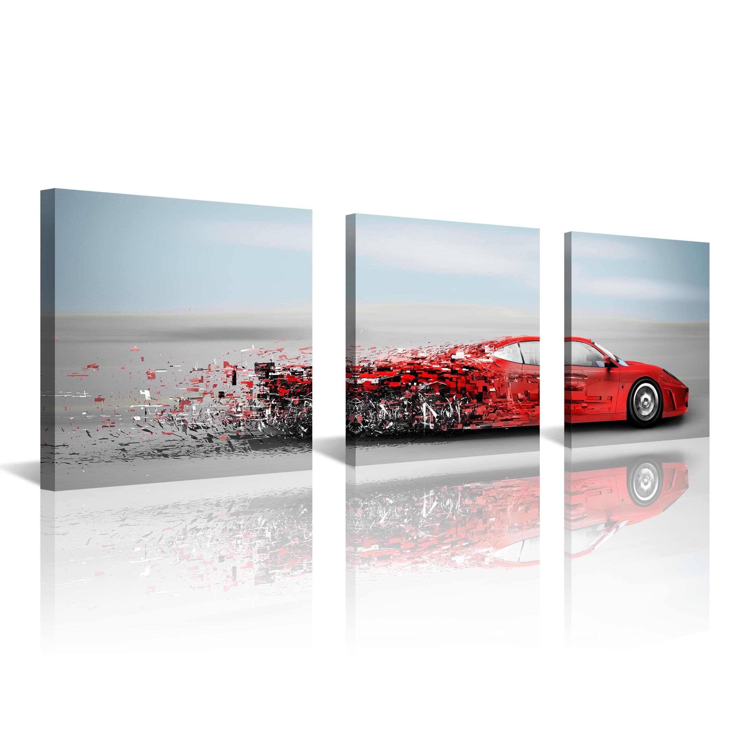 NAN Wind Abstract Red Speedy Car Poster Wall Art Sports Car Canvas Prints Red Car and Clouds Cars Picture Print on Canvas 3 Panel Small Size Speed Blur Cars Decorations for Boys Room Home Decoration