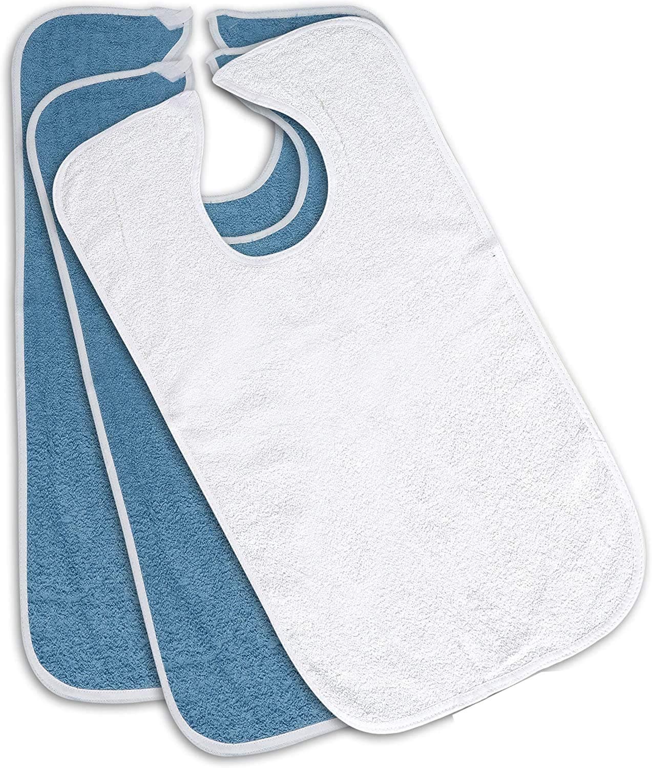 6 Pack - Terry Cloth Adult Bibs / Senior Meal Time Clothing Protector w/Hook and Loop Closure 3 Blue and 3 White Bibs