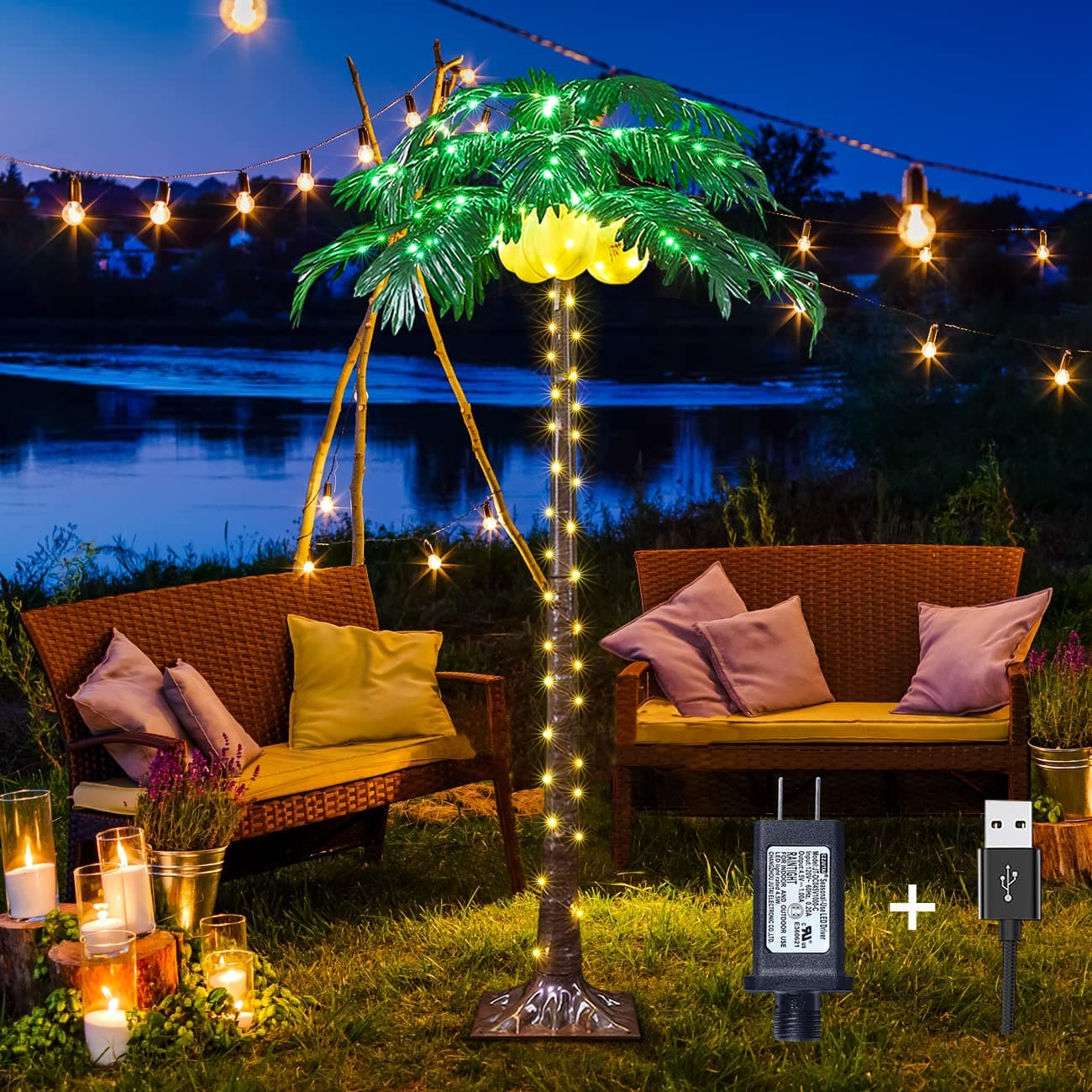 5FT 208 LED Lighted Palm Tree with Lighted Coconuts, Artificial Palm Tree Lights with USB & Adapter, Decoration for Outdoor and Indoors Tiki Bar Holiday Patio Pool