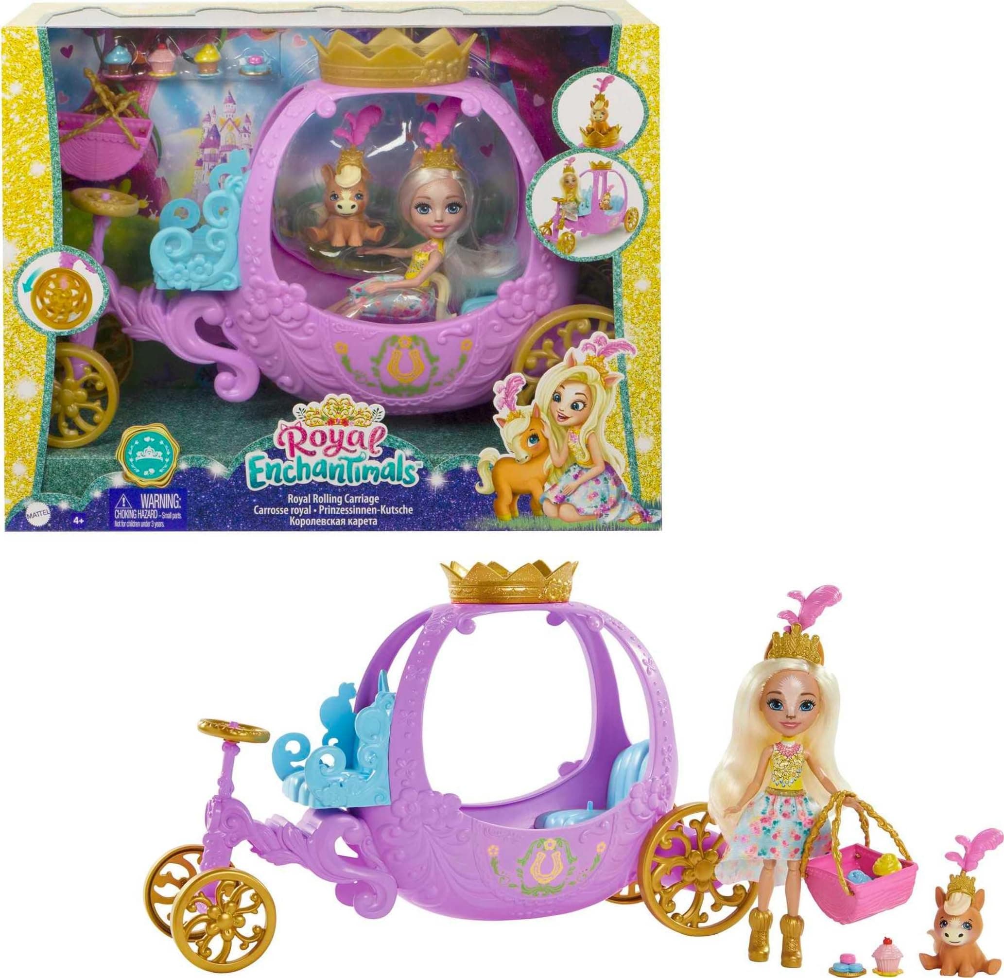 Enchantimals Royal Enchantimals Royal Rolling Carriage Playset, Peola Pony Doll & Petite Animal Friend Figure, 7 Accessories, Gift for 3- 8 Y, GYJ16