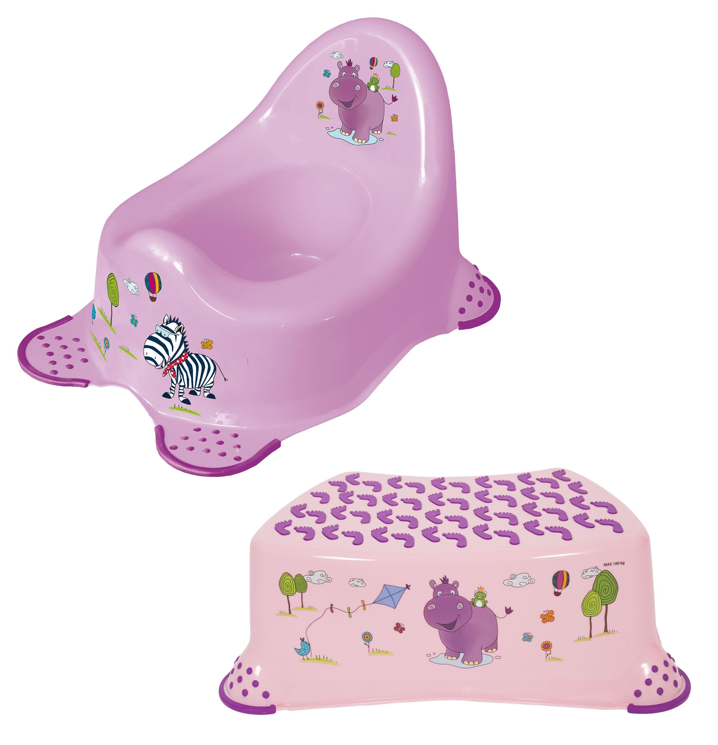 OKT Kids Happy Friends Hippo Toddler Steady Potty & Steady Step Stool Bundle for Toilet/Potty Training Girls Age 2 Years+ Strong Plastic Non Slip 15/100kg Capacity Lightweight & Portable Pink/Purple