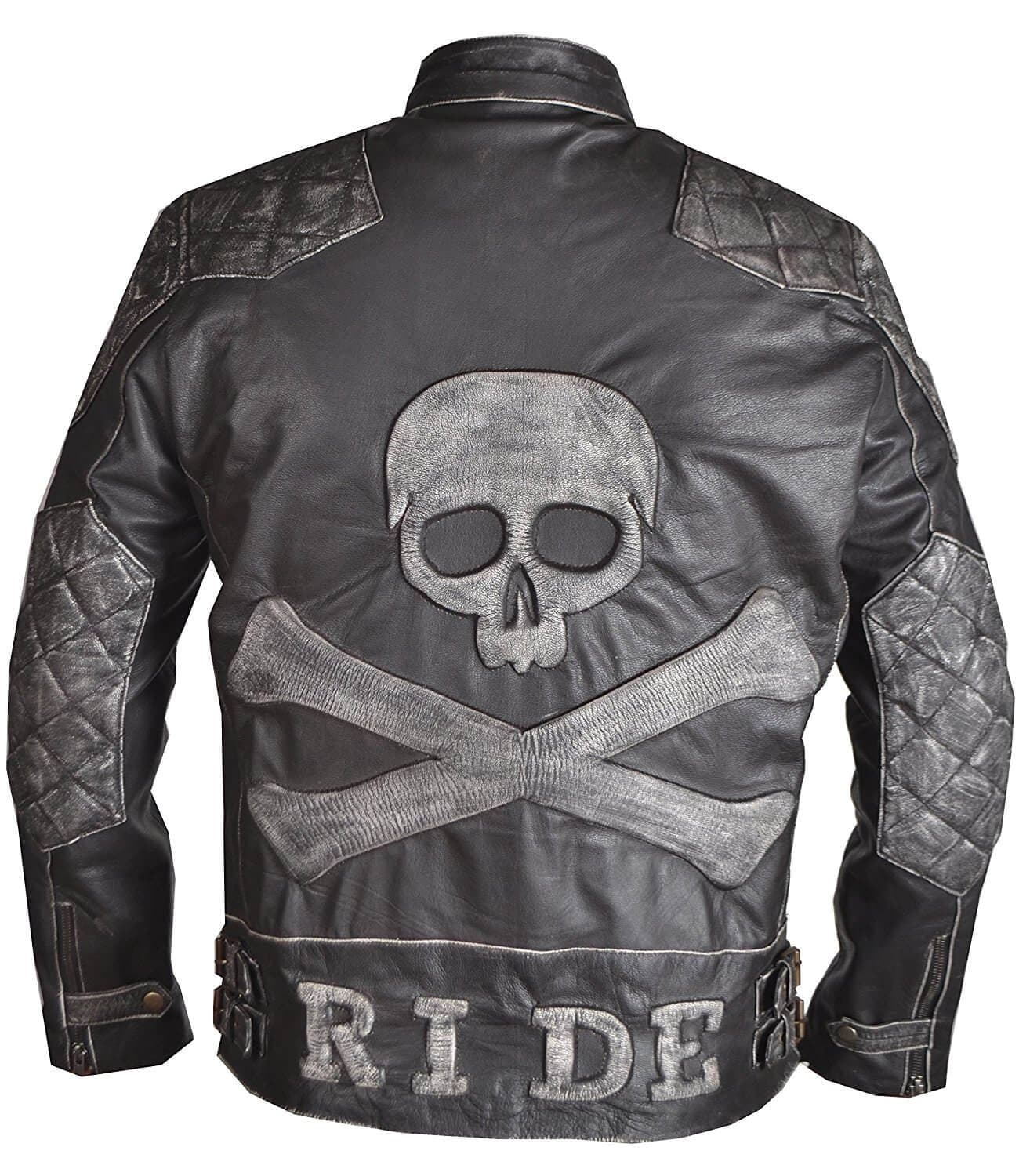 Men Skull and Bones Leather Biker Jacket Reinforced Vintage Jackets for Motorcycle Rider - Genuine Lambskin - Black (X Large)