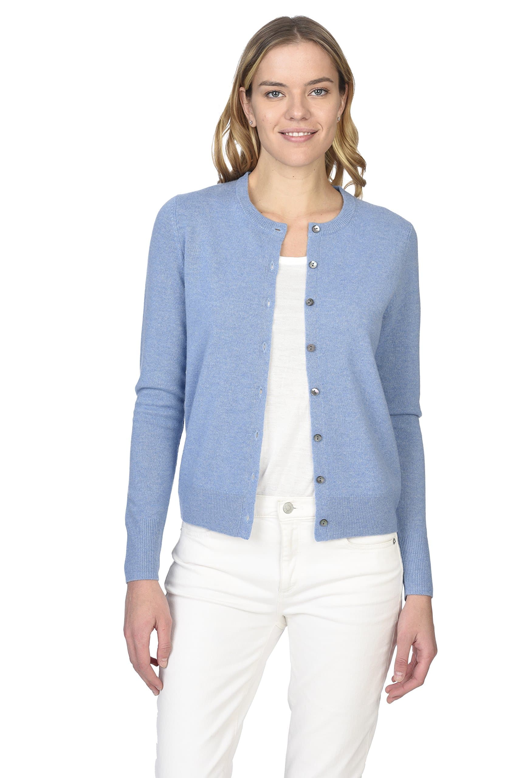 Women's 100% Pure Cashmere Button Front Long Sleeve Crew Neck Cardigan Sweater