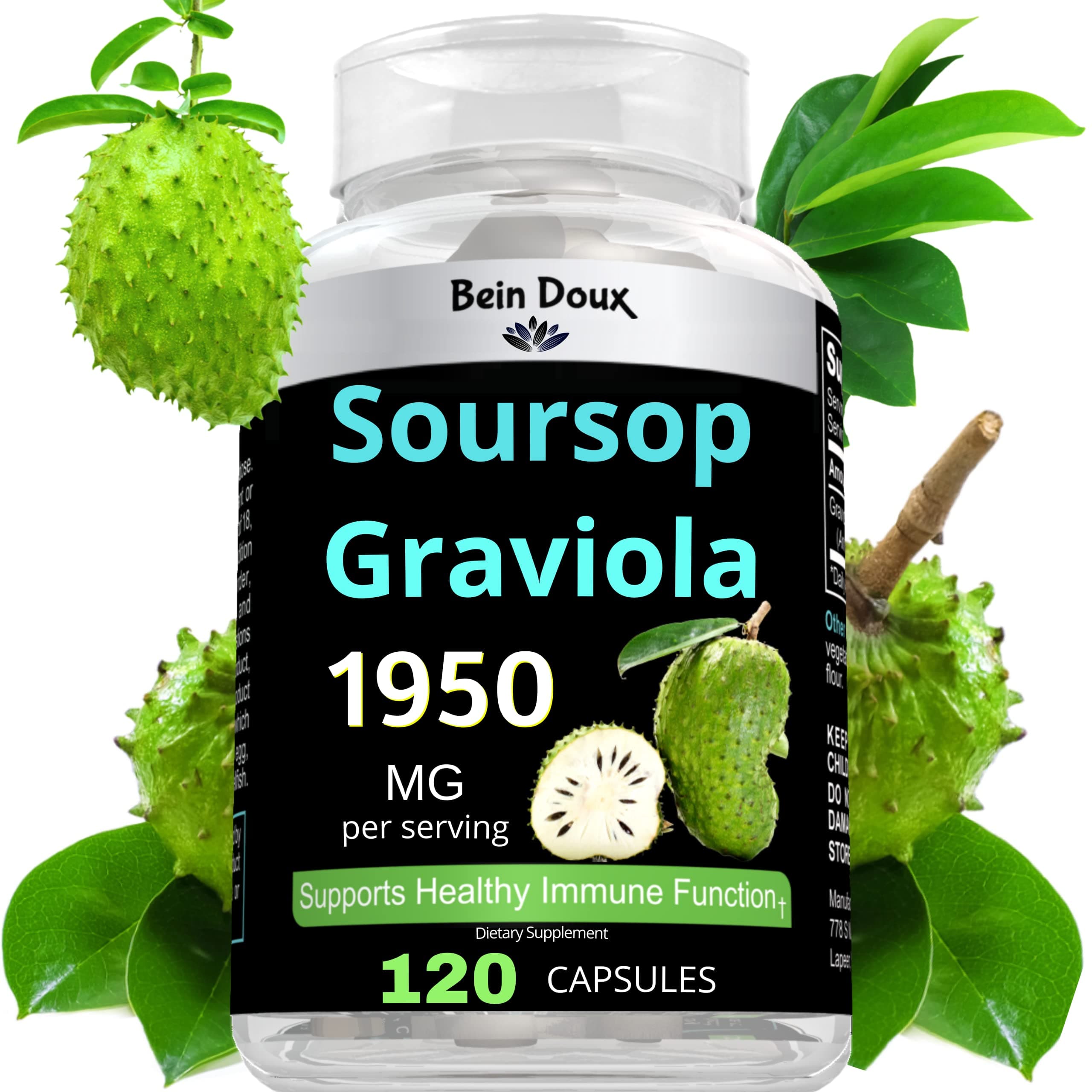 BEIN DOUX 1950mg Soursop Graviola Capsules (Guanábana) Organic Leaves Powder Rich in Potent Anti-Oxidants - 120 Capsules 40 Servings