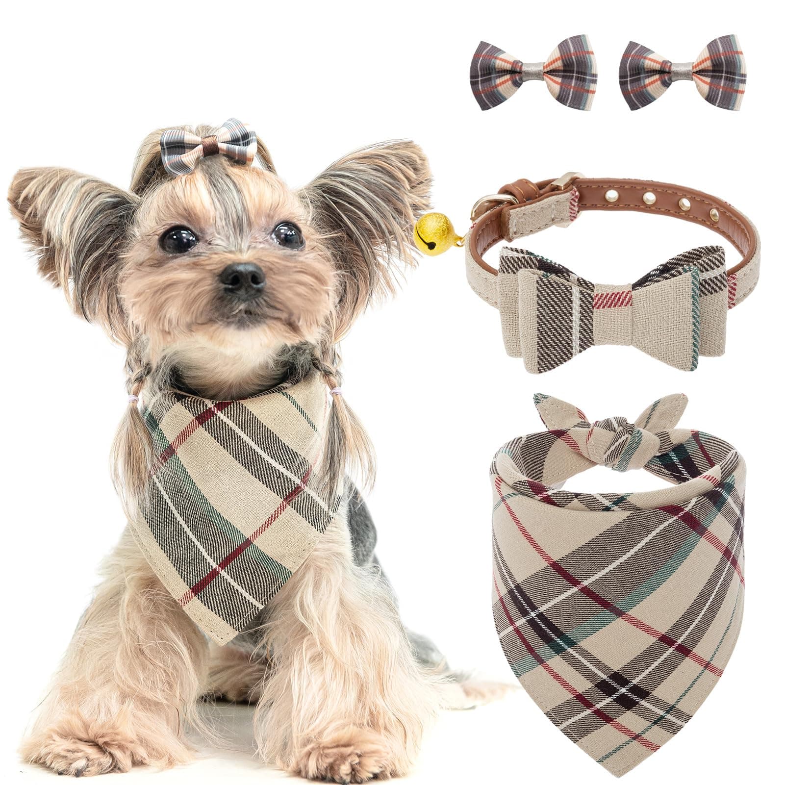 PUPTECK Leather Dog Collar for Small Dogs - XS Puppy Collar Bandana Accessories for Girl Boy Bunny Cats Beige, 7.8-10"