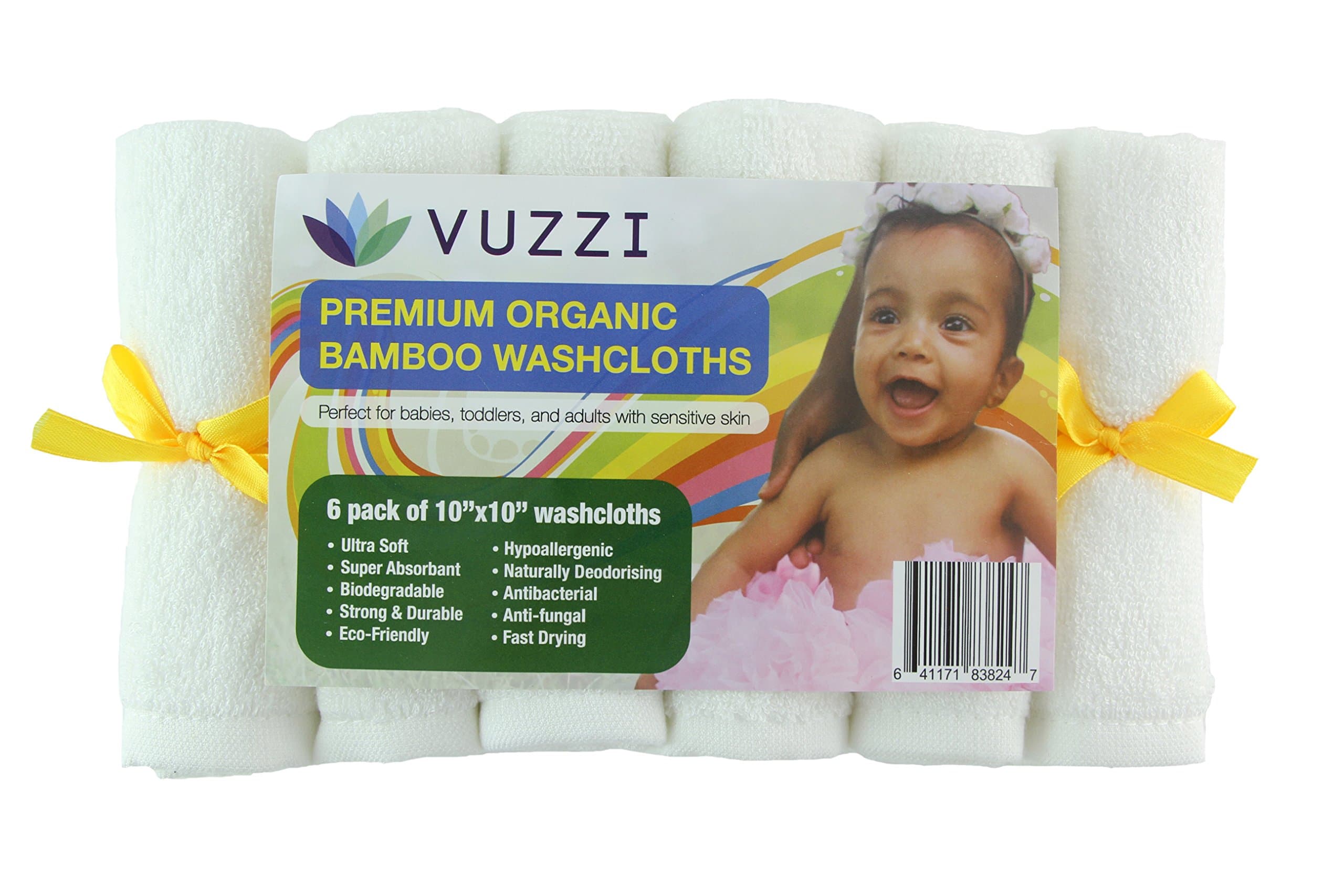 Organic Baby Washcloths (6 Pack) - Large 10"x10", Premium, Ultra Soft, Super Abosorbant, Dual Sided, Reusable, Hypoallengenic, Perfect for Sensitive Skin