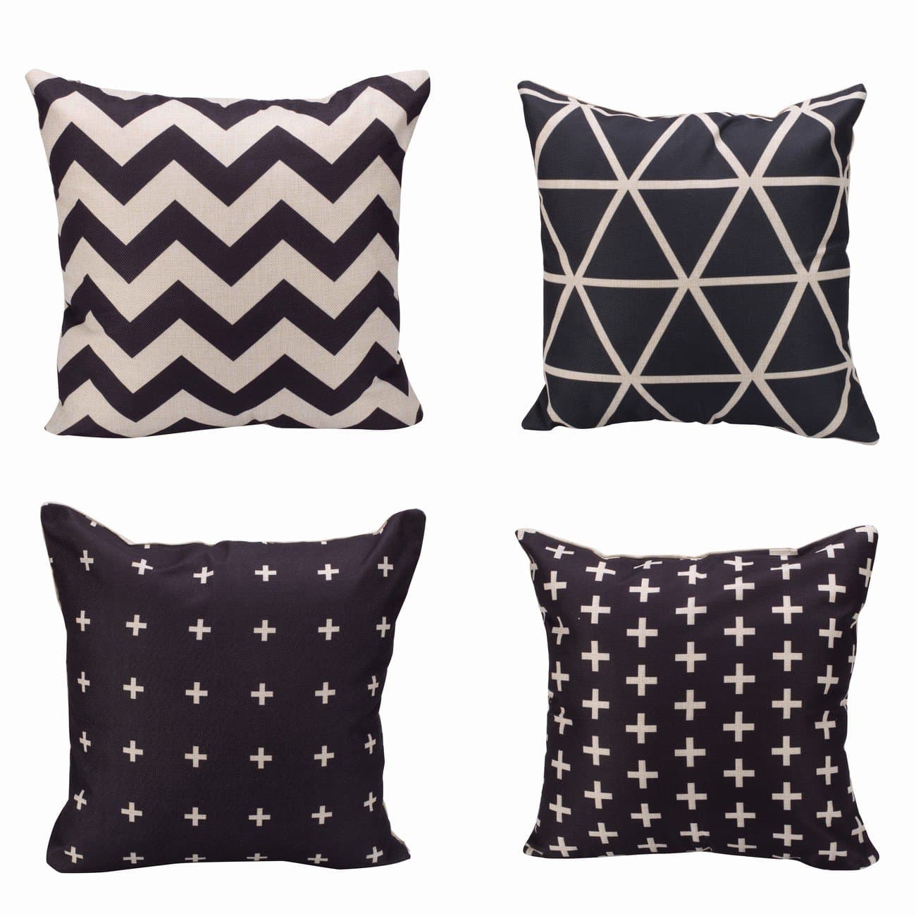 ENCOFT Alicemall Black and White Series 4 Pieces Throw Pillow Covers Geometric Style Decorative Sofa Couch Cushion Covers, 18 x 18 inch, NO Inserts (45cm x 45cm) (1 Triangle, 1 Chevron, 2 Plus Sign)