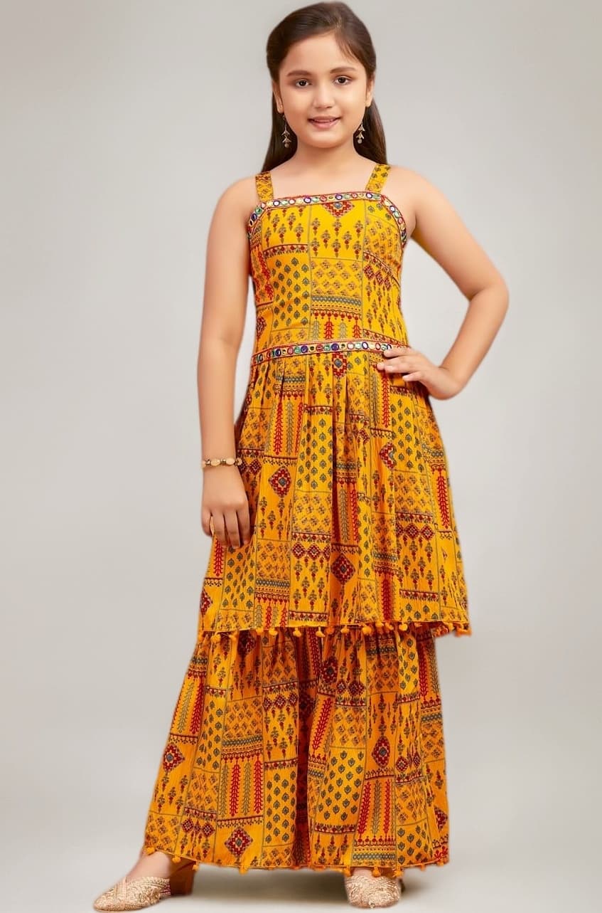 Aarika Girls Ethnic Wear Black Colour Printed/Mirror Lace Polyester Kurti Sharara Set