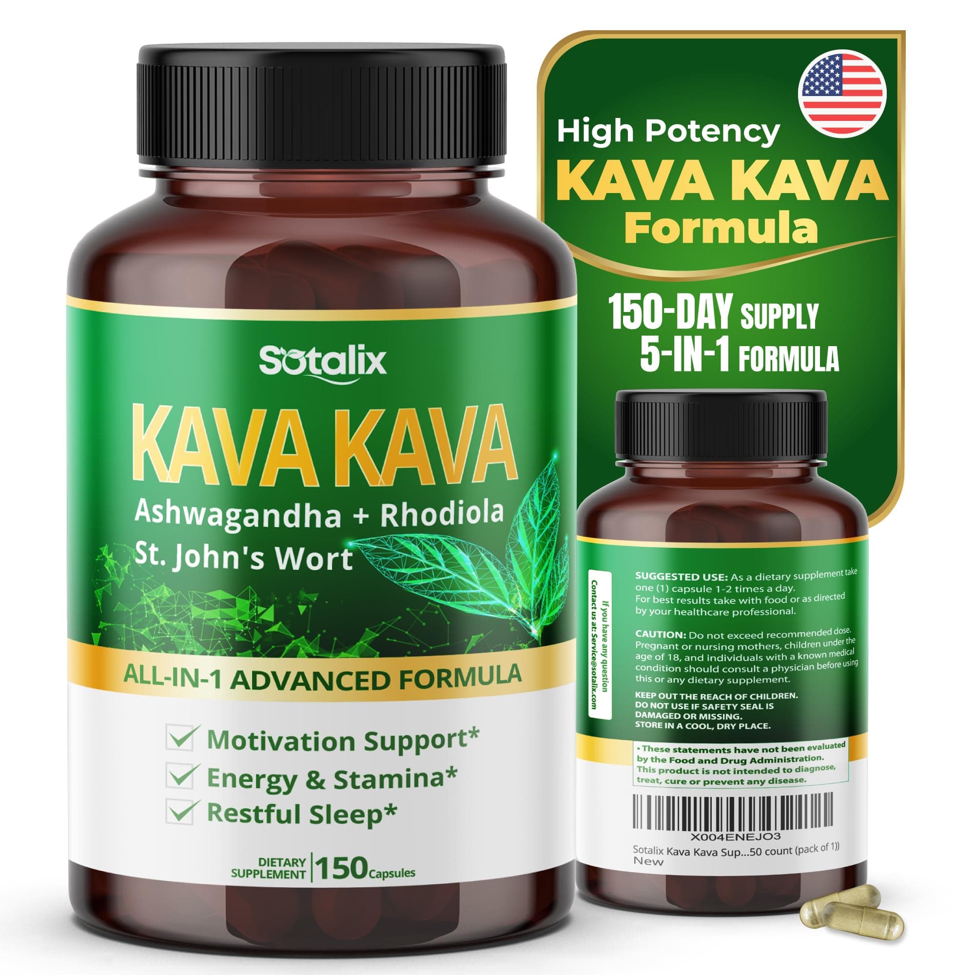 Sotalix Kava Kava Supplement with Ashwagandha Rhodiola St. John's Wort for Mood, Energy & Calming Support (150 Count (Pack of 1))