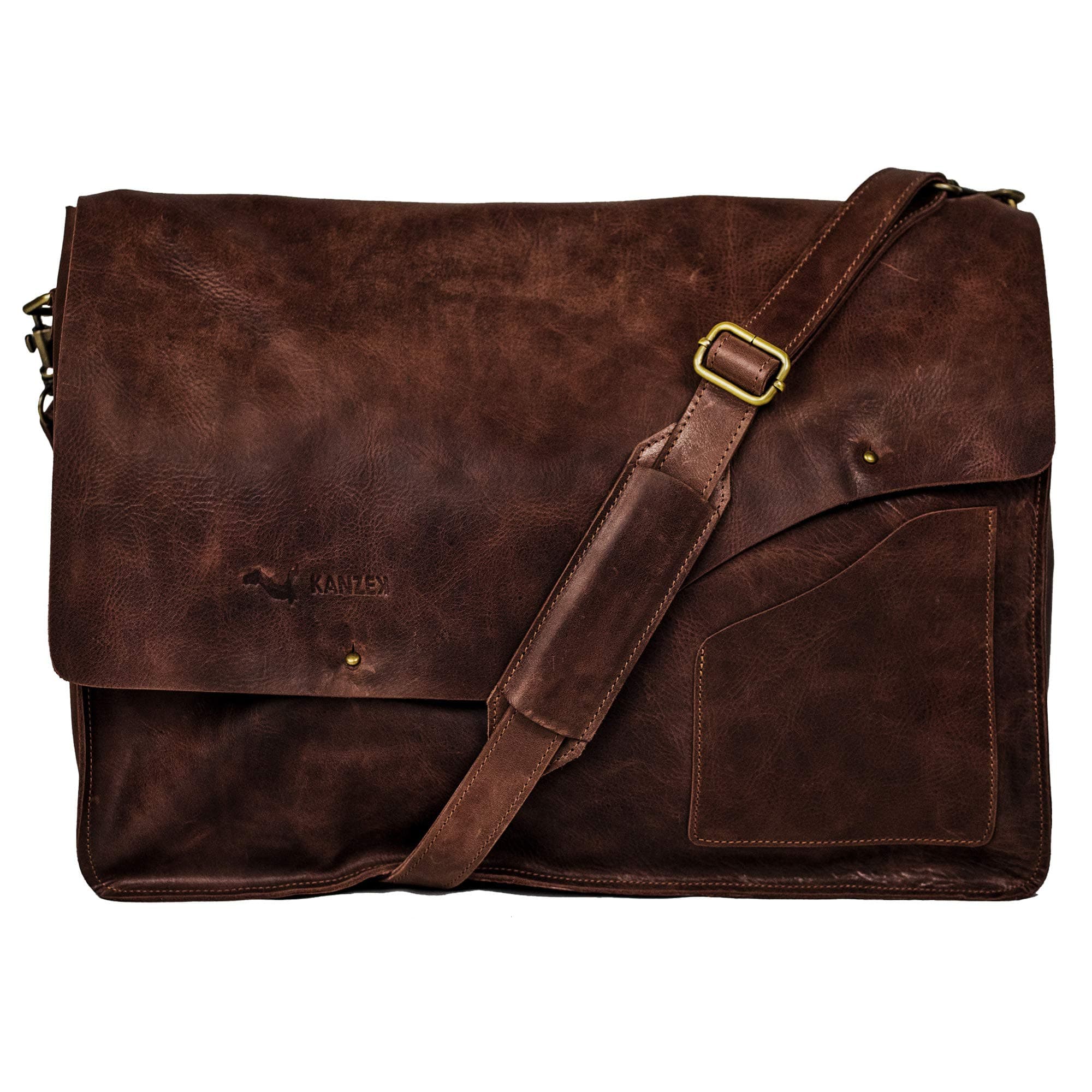 KANZEK 17-18 inches Full Grain Leather Messenger Bag and Laptop Satchel for Men - Crossbody Flapover for Work, School, Travel, and Outdoors - Rugged Vintage Distressed Brown/Cognac