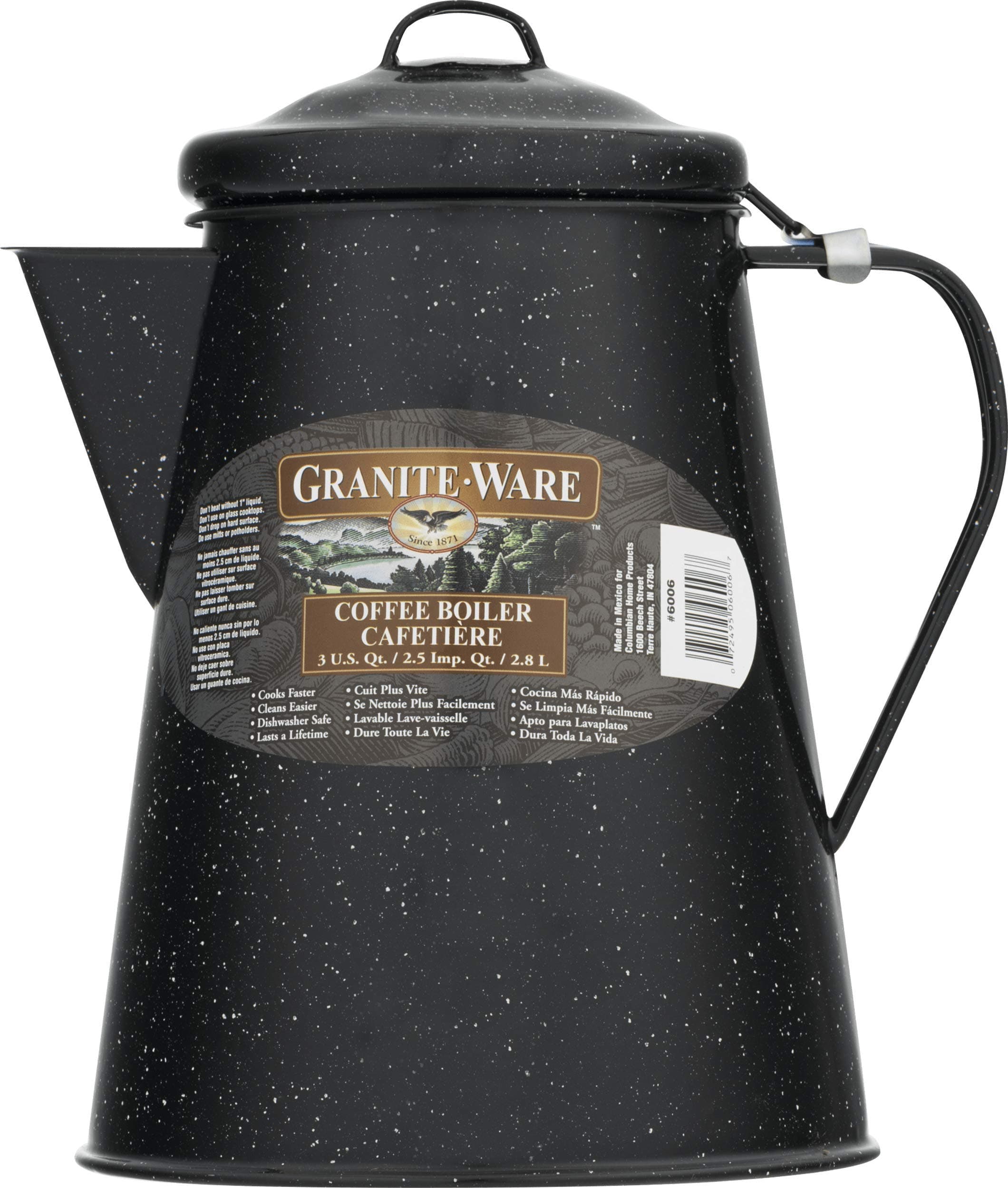 Granite Ware Coffee Boiler, 3-Quart - Stovetop or Campfire Coffee Pot, Durable Enameled Steel for Rapid Heat Absorption, Energy Efficient Design for Outdoor Adventures (Speckled Black)