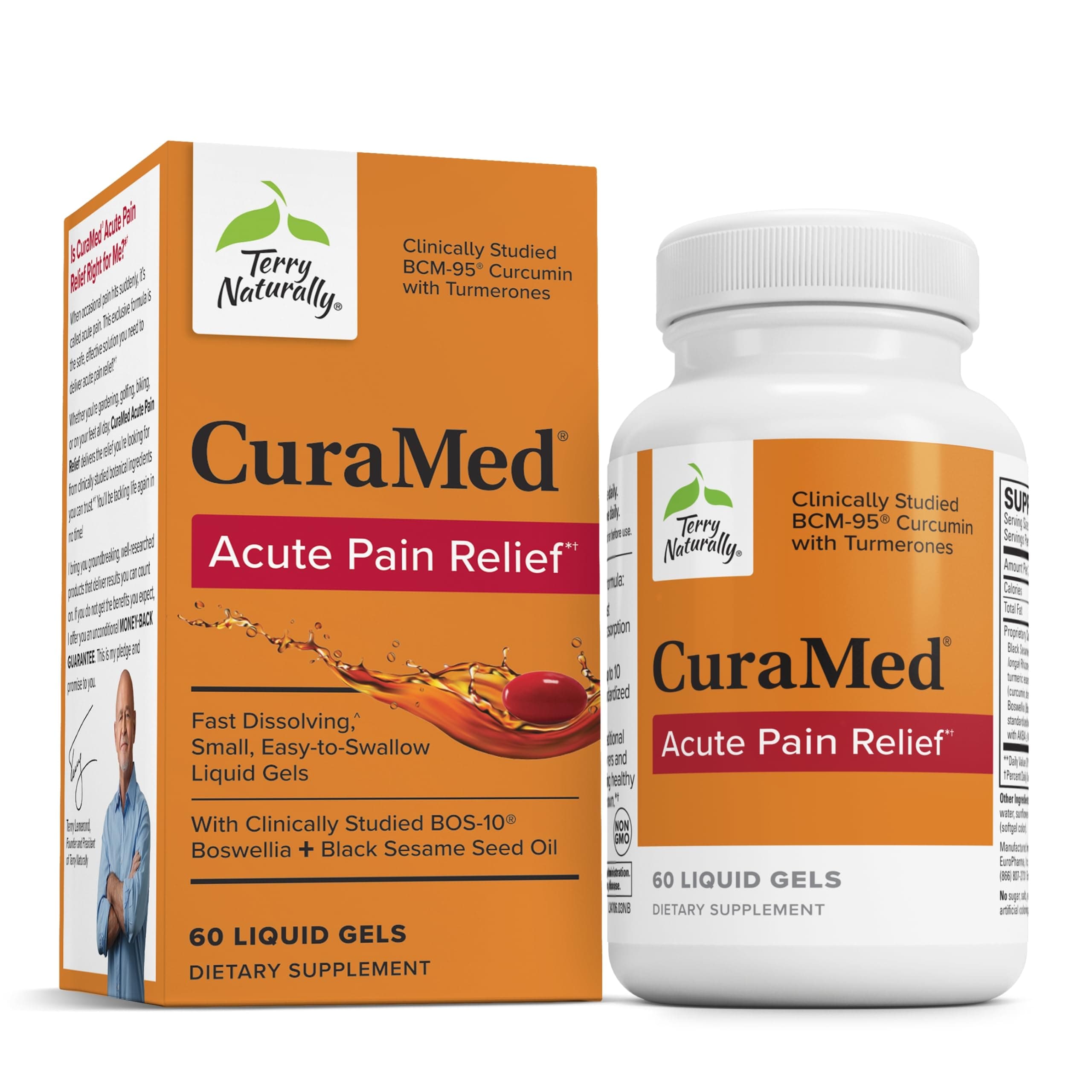 Terry Naturally CuraMed Acute Pain Relief - Supplement with BCM-95 Curcumin & BOS-10 Boswellia - Black Sesame Seed Oil to Support Relief of Occasional Discomfort - 60 Liquid Gels