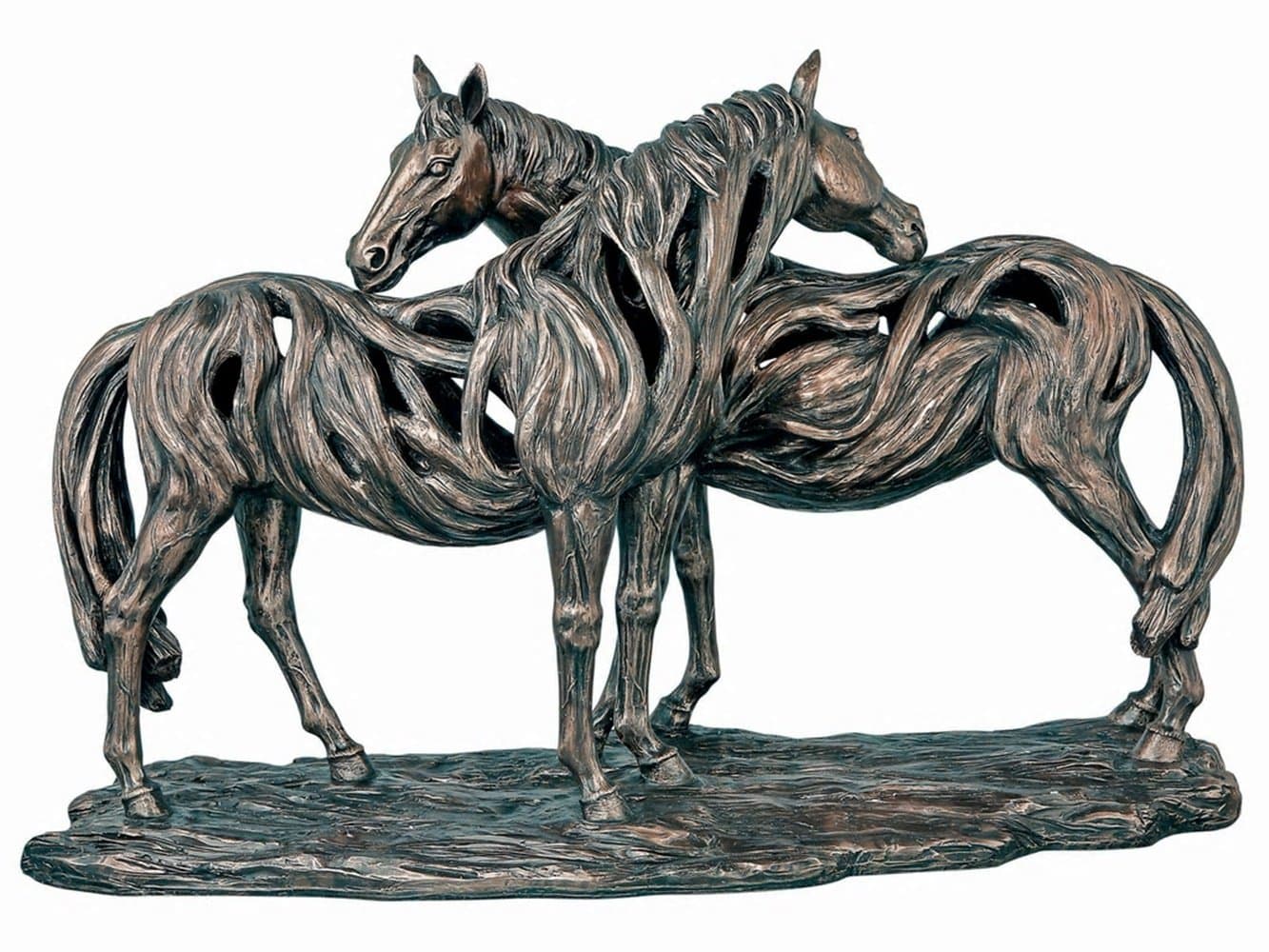 F&G Supplies 'Alliance' Stunning driftwood style large bronze pair of horses embracing equestrian sculpture ornament - 58cm long
