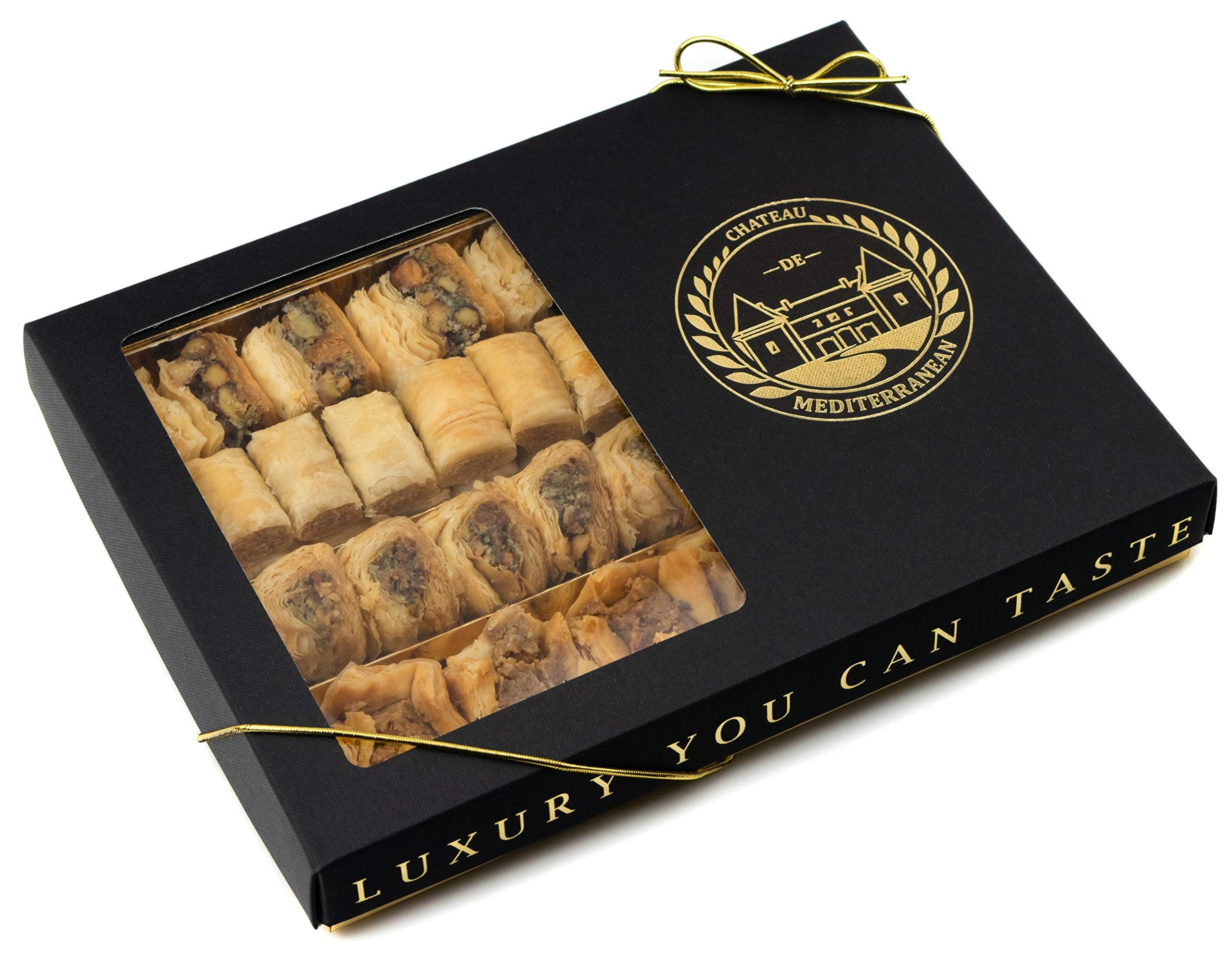 Baklava Gift Box Deluxe | Bite Size Desserts Sweets; Pistachio, Fingers, Colschur, Boukaj | 650g | Approx 47 Pieces | Chateau de Mediterranean
