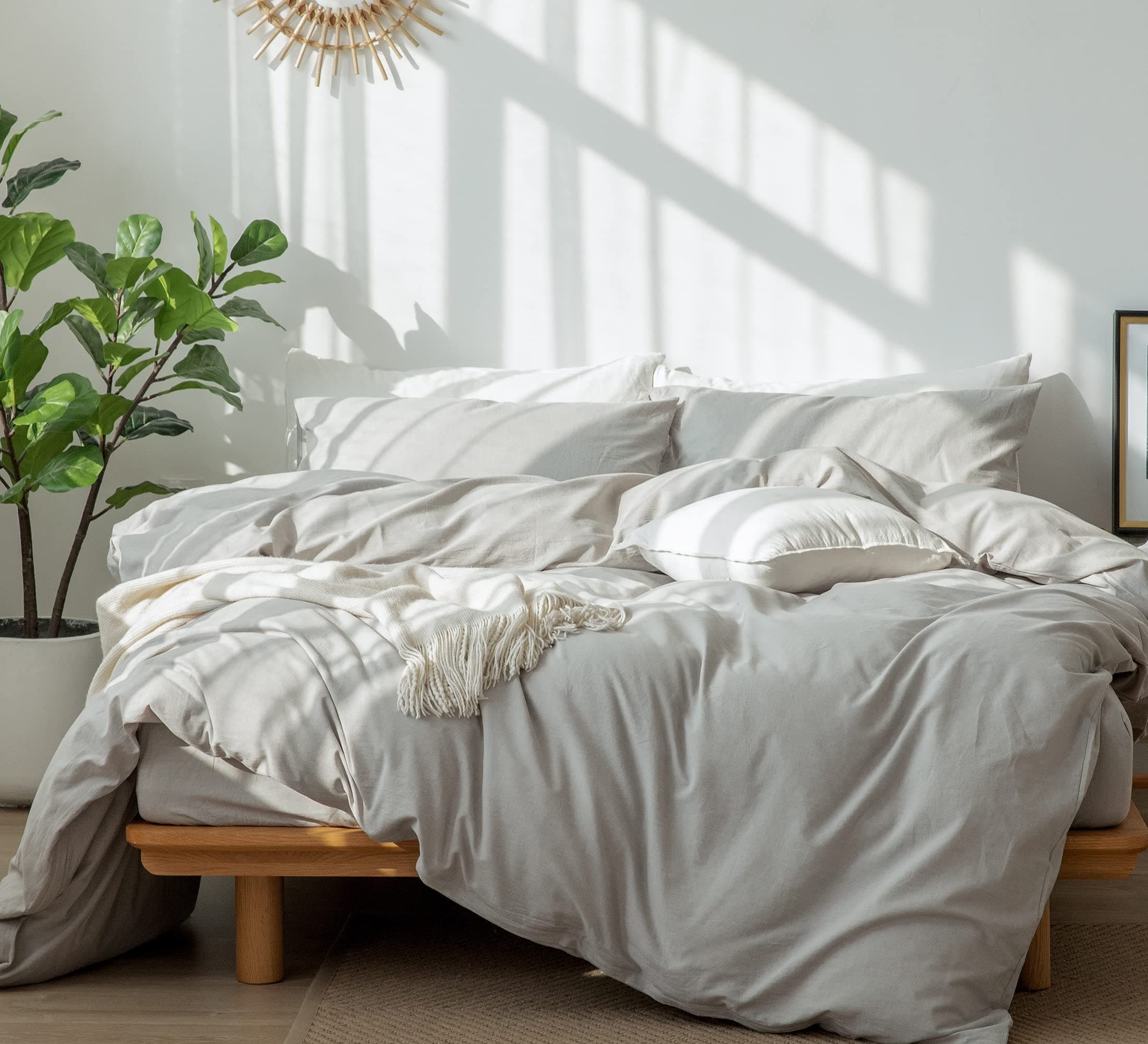 MooMeeBedding Duvet Cover Set 100% Washed Cotton Linen Like Textured Breathable Durable Soft Comfy (Pastel Grey, Queen)