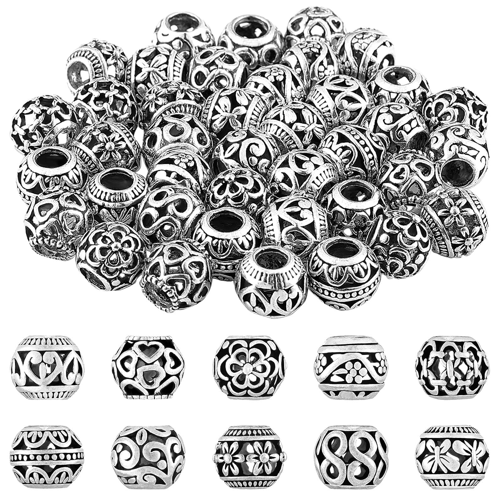 Hicarer 40 Pieces Silver Tone Spacer Loose Beads Hollow Filigree Tibetan Alloy Beads Spacer 10 mm Tiny Metal for Life Design DIY Jewelry Craft Making Necklace Bracelet Supplies