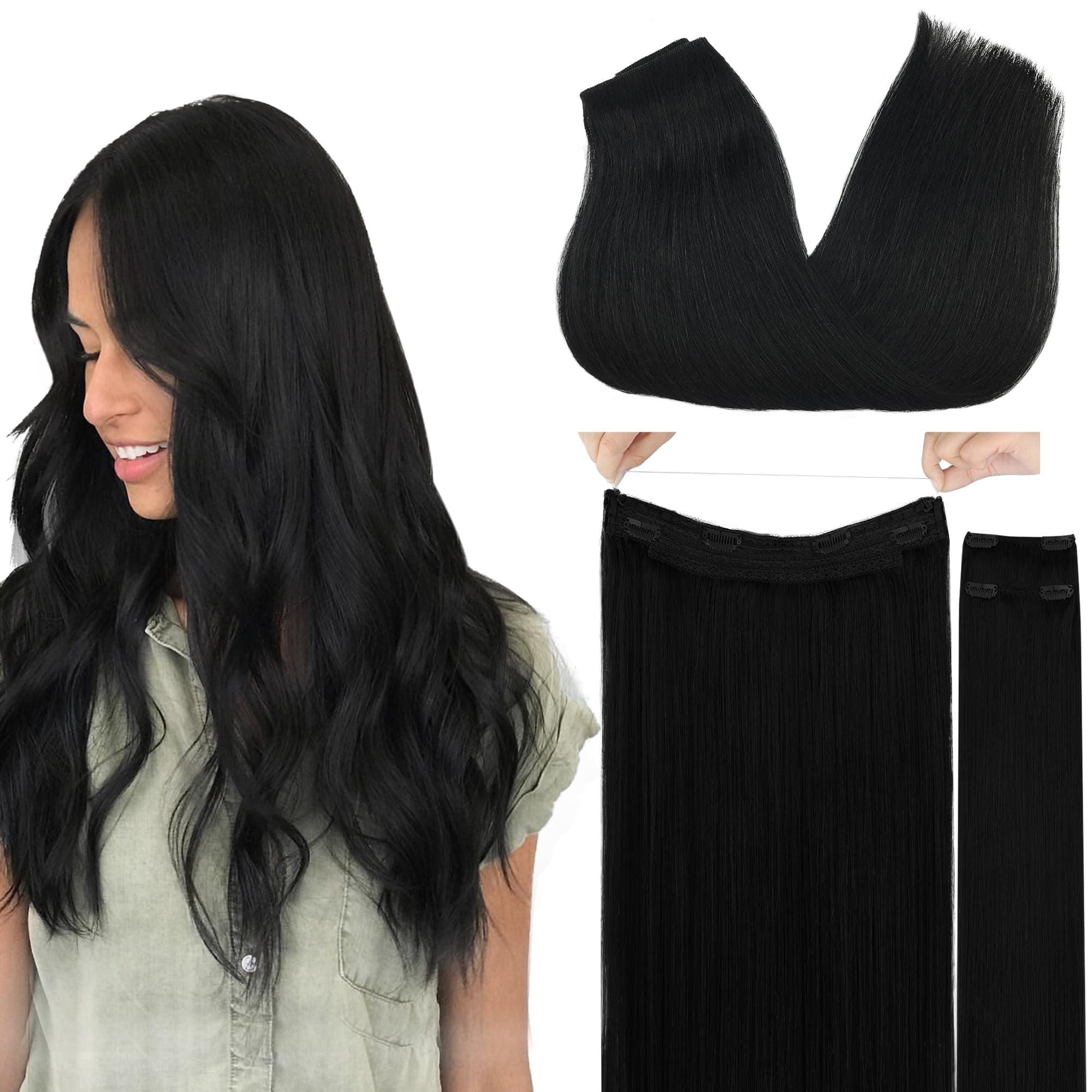 Wire Hair Extensions Human Hair, 1 Jet black Natural 20inch 140g, Invisible Wire Hair Extensions with Transparent, Seamless Fish Line Hairpiece