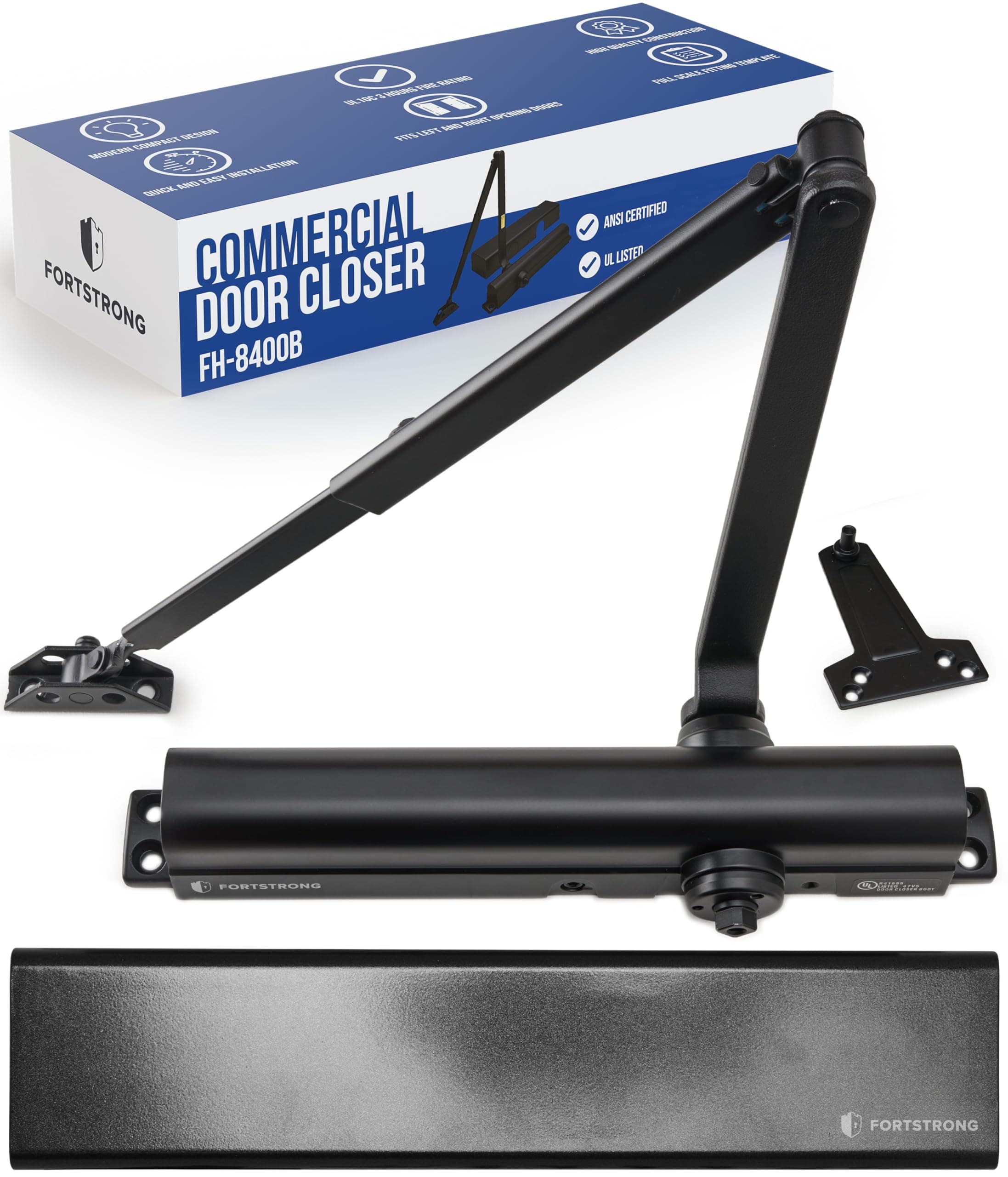 Commercial Door Closer – Black Heavy Duty Grade 1 Automatic Door Closer for Commercial Use - Auto Hydraulic Spring Hinge - FS-8400 UL Listed, ADA Adjustable Spring Closure Arm No Slam Self Closing