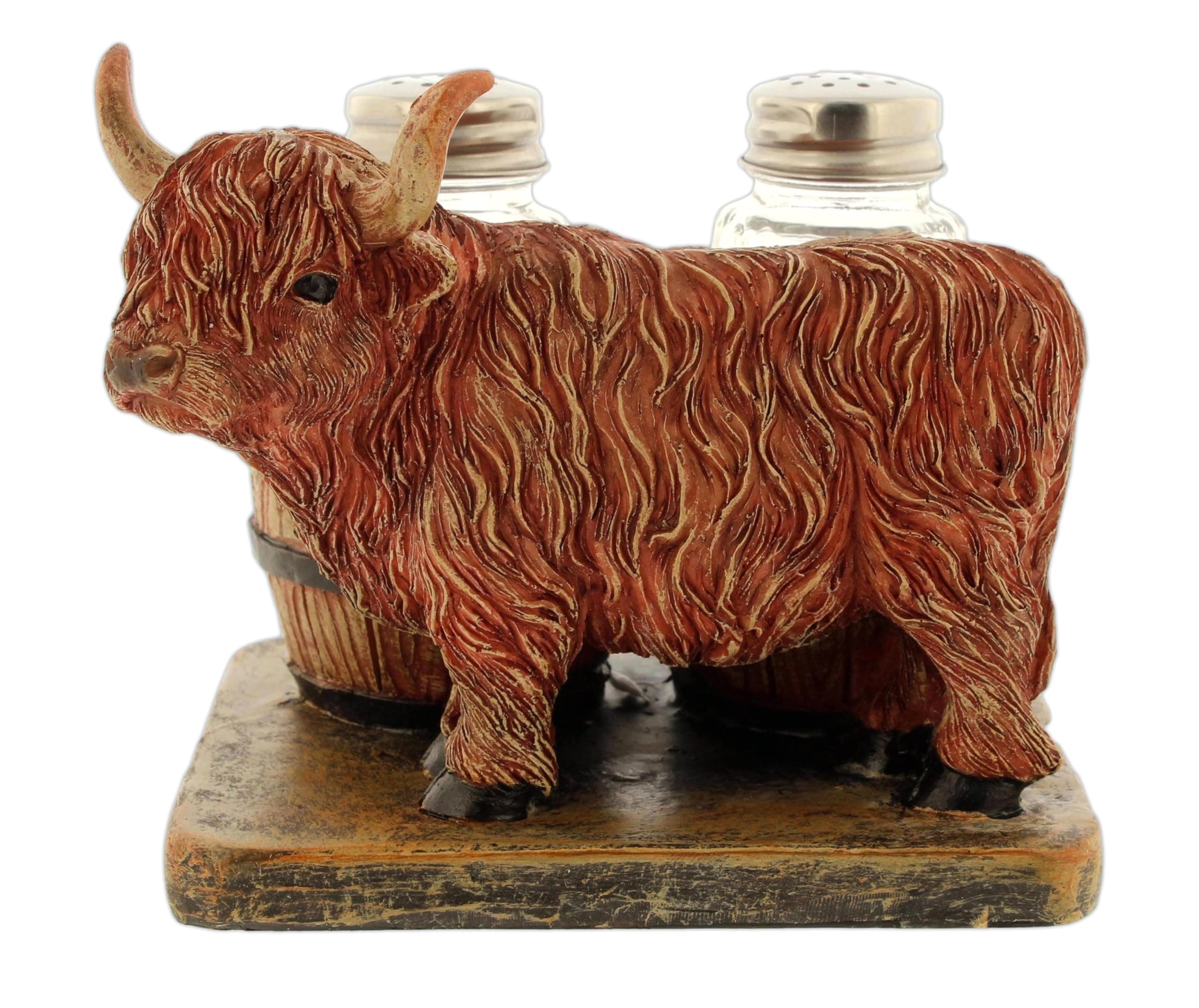 The Bridge Collection Highland Cow Decorative Salt and Pepper Shaker Set - Rustic Farmhouse Kitchen - Farm Animal Bull with Horns S&P