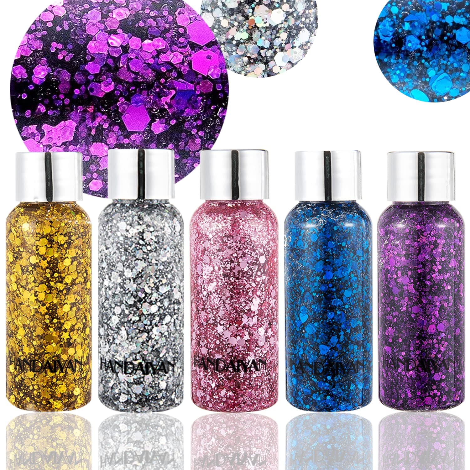 Body Glitter 5 Color Set Chunky Glitter Mixed,Hair Eyes Glitter Holographic Cosmetic for Christmas Gold Sliver Purple Pink Blue Shimmer Sequins Glitter