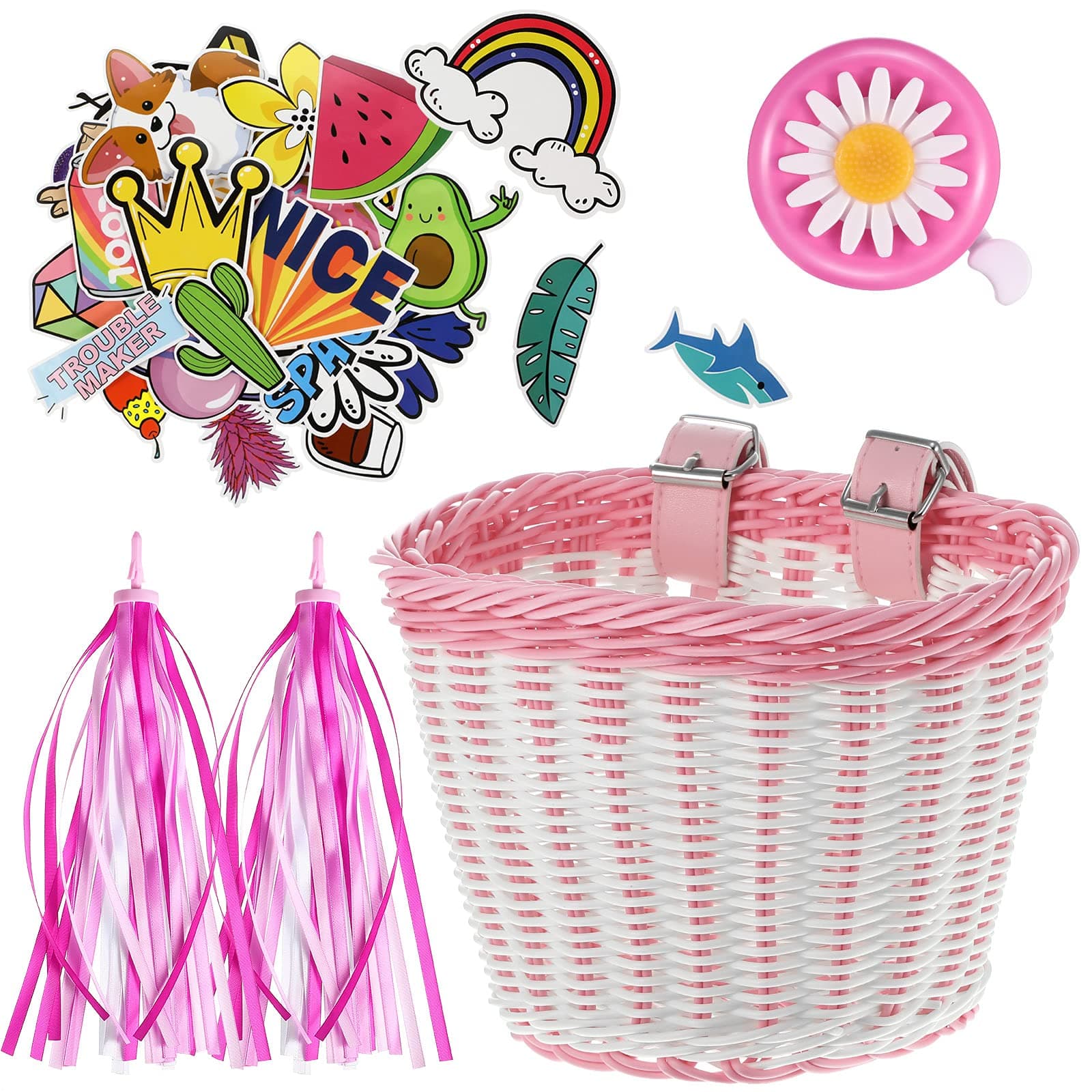 Kid's Bicycle Basket Streamers Set, Children's Bike Handlebar Wicker Basket with Colourful Bike Streamers Bell and Stickers, Bike Decoration Accessories Kit for Girls