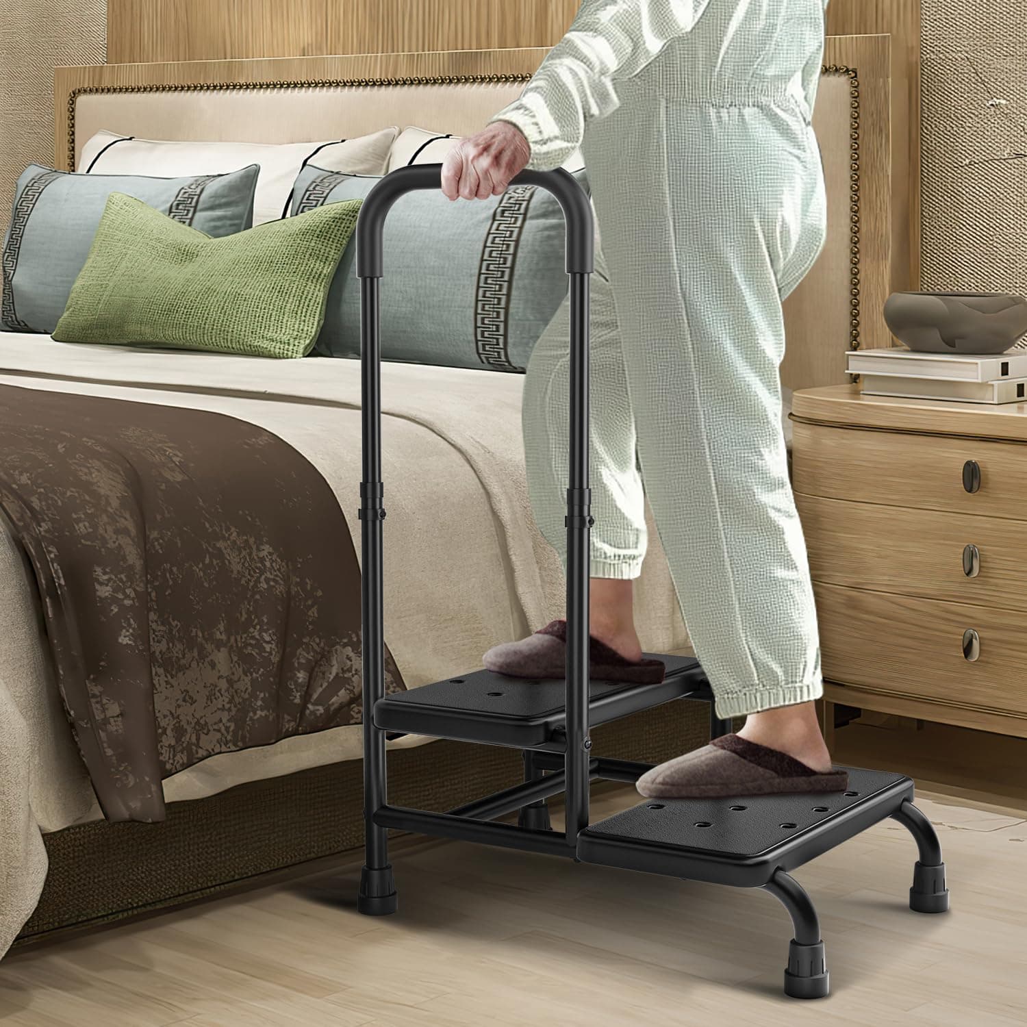 FORTEMOTUS Step Stool with Handle - Heavy Duty 2 Step Stool for Adults Elderly, Holds up to 450 lbs, Black