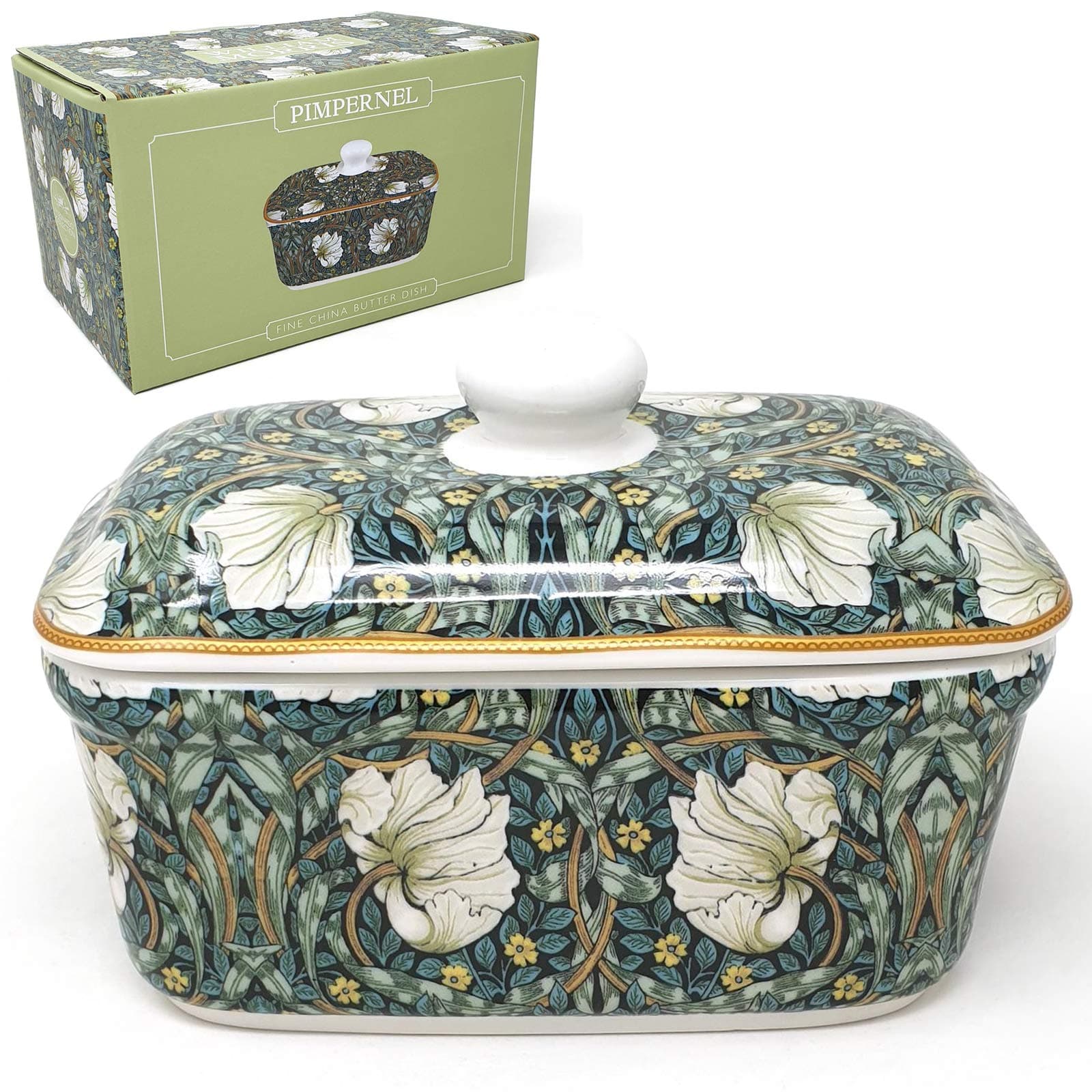 William Morris Pimpernel Butter Dish - Dark Green With Gold Effect Rim