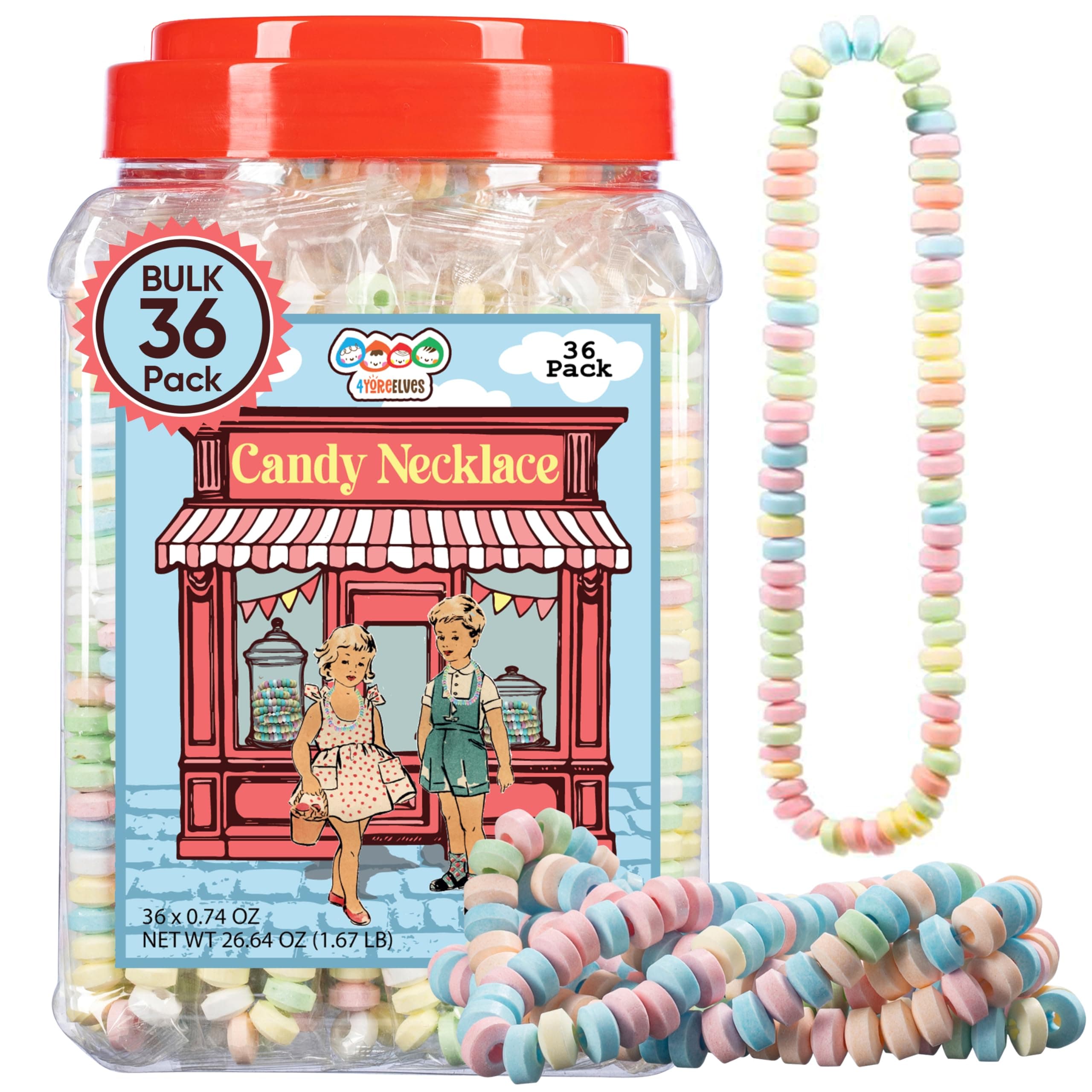 Cartwheel Confections 36 Individually Wrapped Candy Necklace, Candy Necklace Choker, Retro Candy Bulk, Hard Candy Individually Wrapped, Nostalgic Candy Jewelry, Pastel Necklace Candy Tub, 36 count