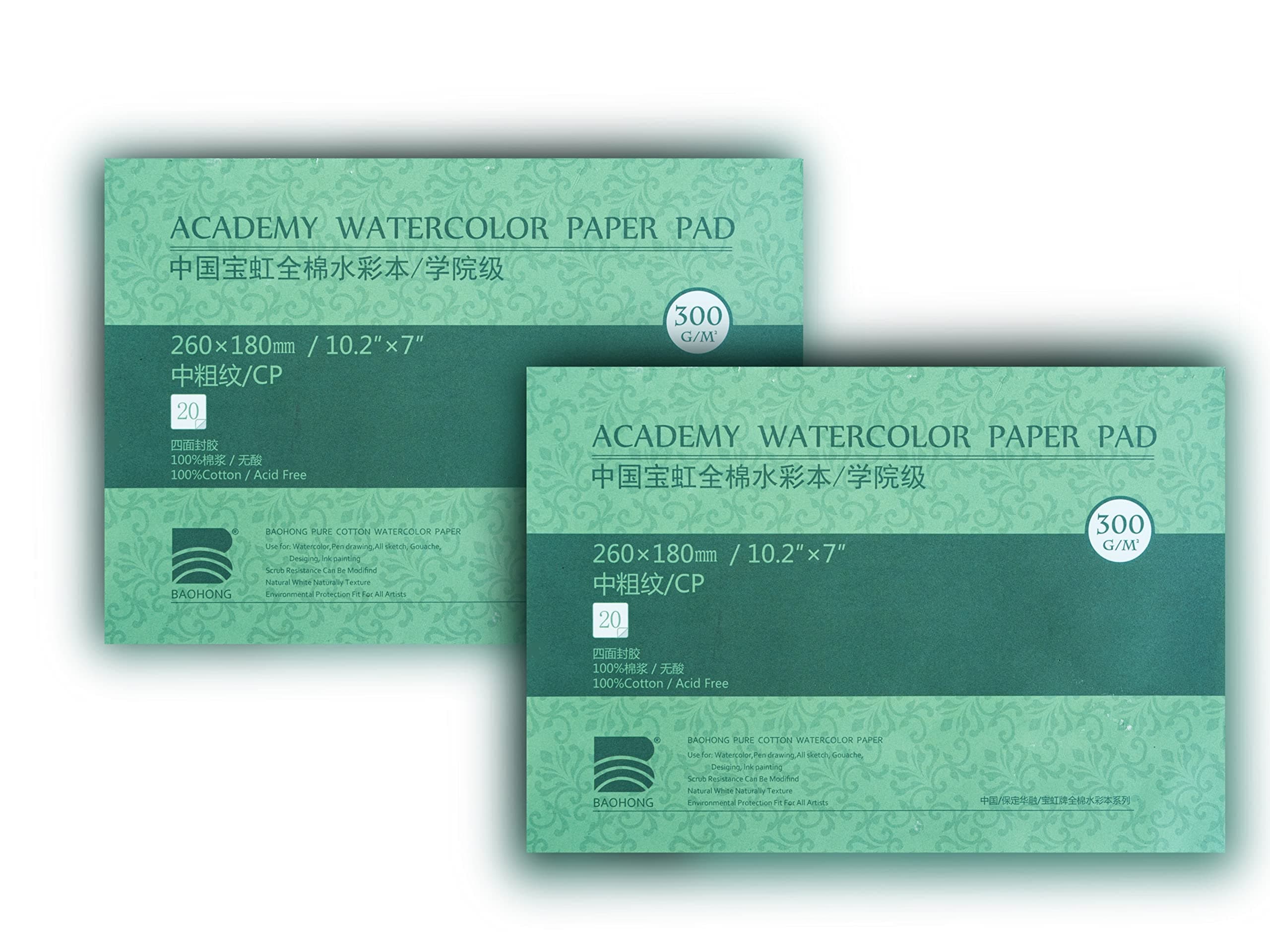 BAOHONG Academy Grade Watercolor Block, 100% Cotton, Acid-Free, 140LB/300GSM, Cold Press Textured, 20 Sheets per Block (2 of Cold Press 10.2"x7" Block)