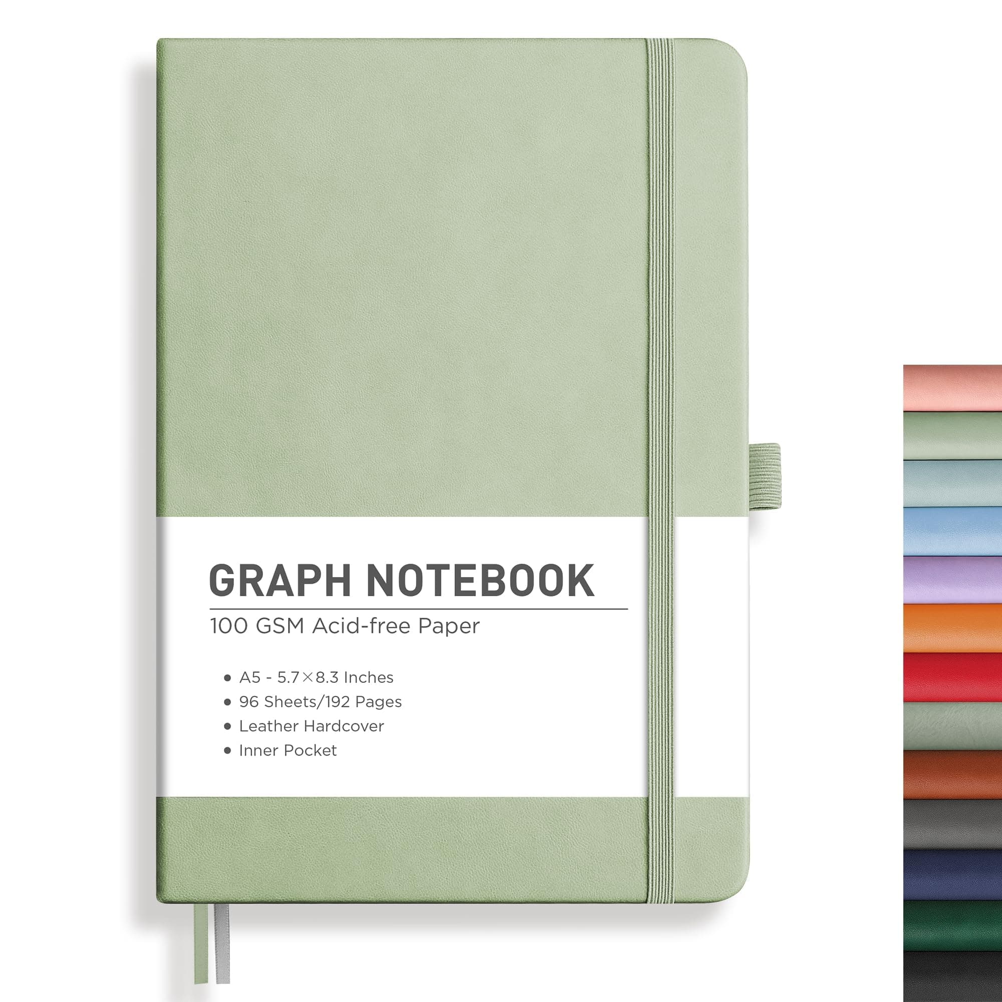 RETTACY Graph Grid Paper Notebook, 192 Pages, A5 Medium Size (5.7'' x 8.3''), 5 Squares per Inch, Leather Hardcover, 100 GSM Thick Paper, for School, Students, Math, Engineering (Light Green)