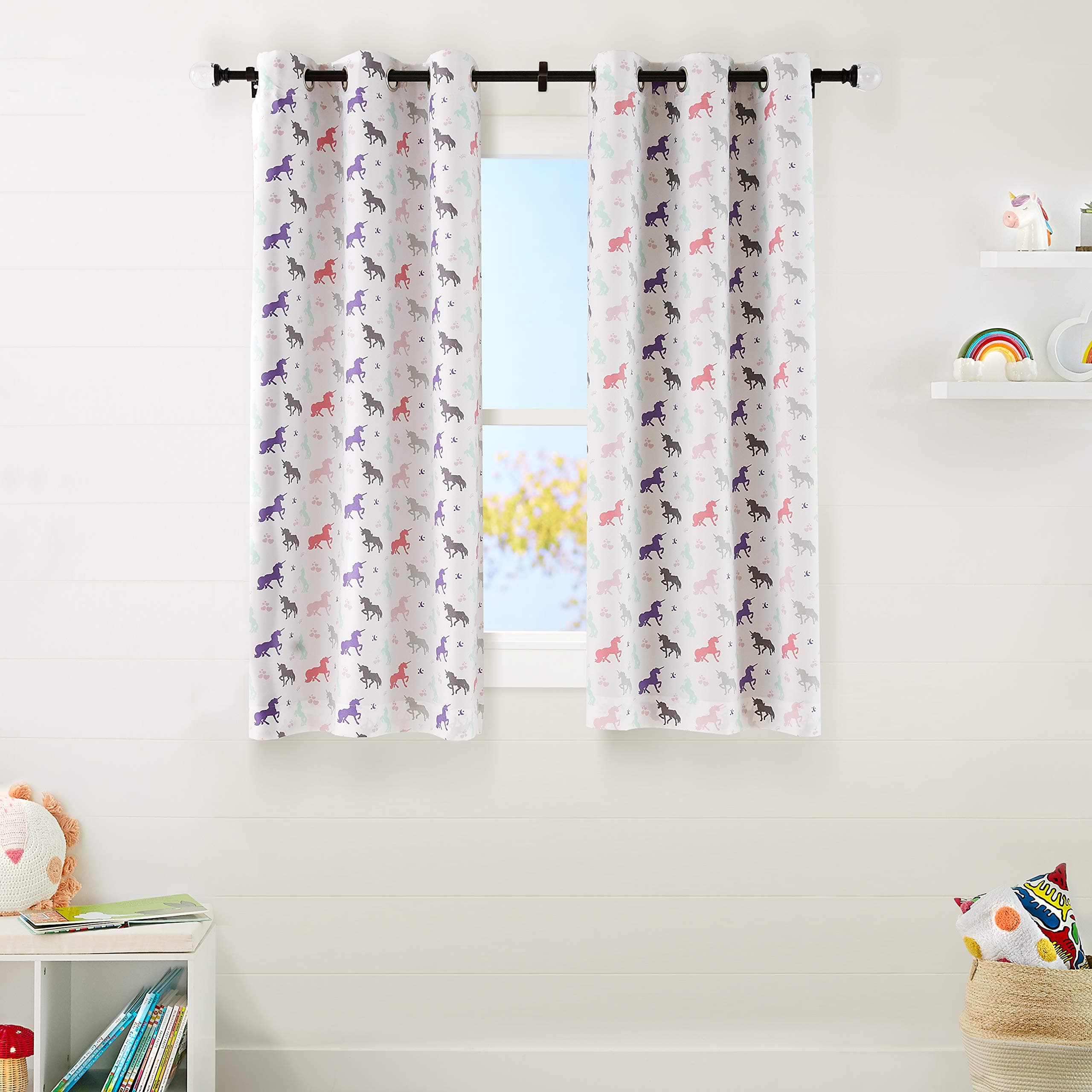 Amazon Basics Kids Room Darkening Blackout Window Curtain Set with Grommets - 42" x 63", Purple Unicorns