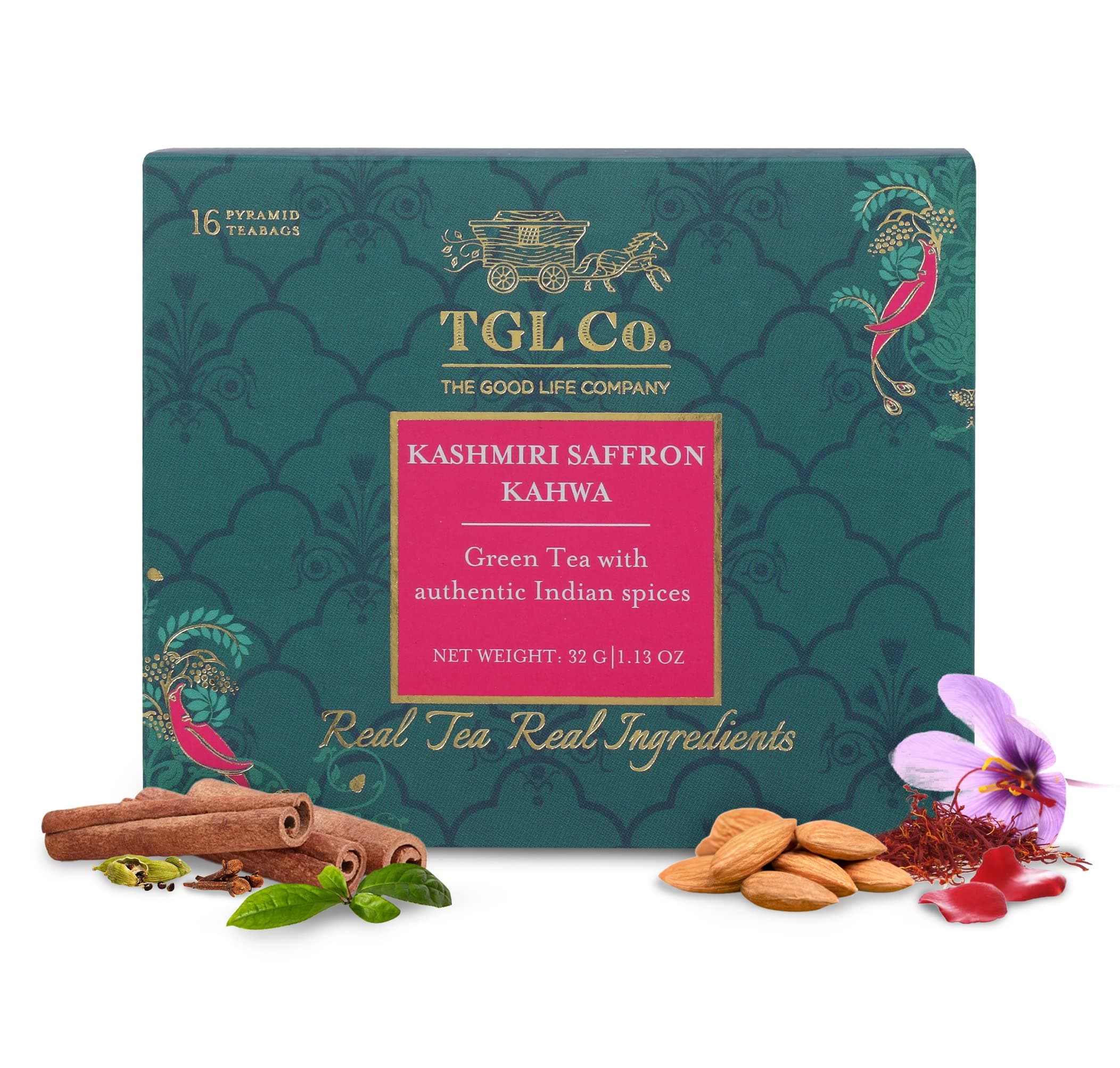 TGL Co. The Good Life Company Kashmiri Kahwa Green Tea 16 Tea Bags (15 Tea Bags with 1 Exotic Sample)