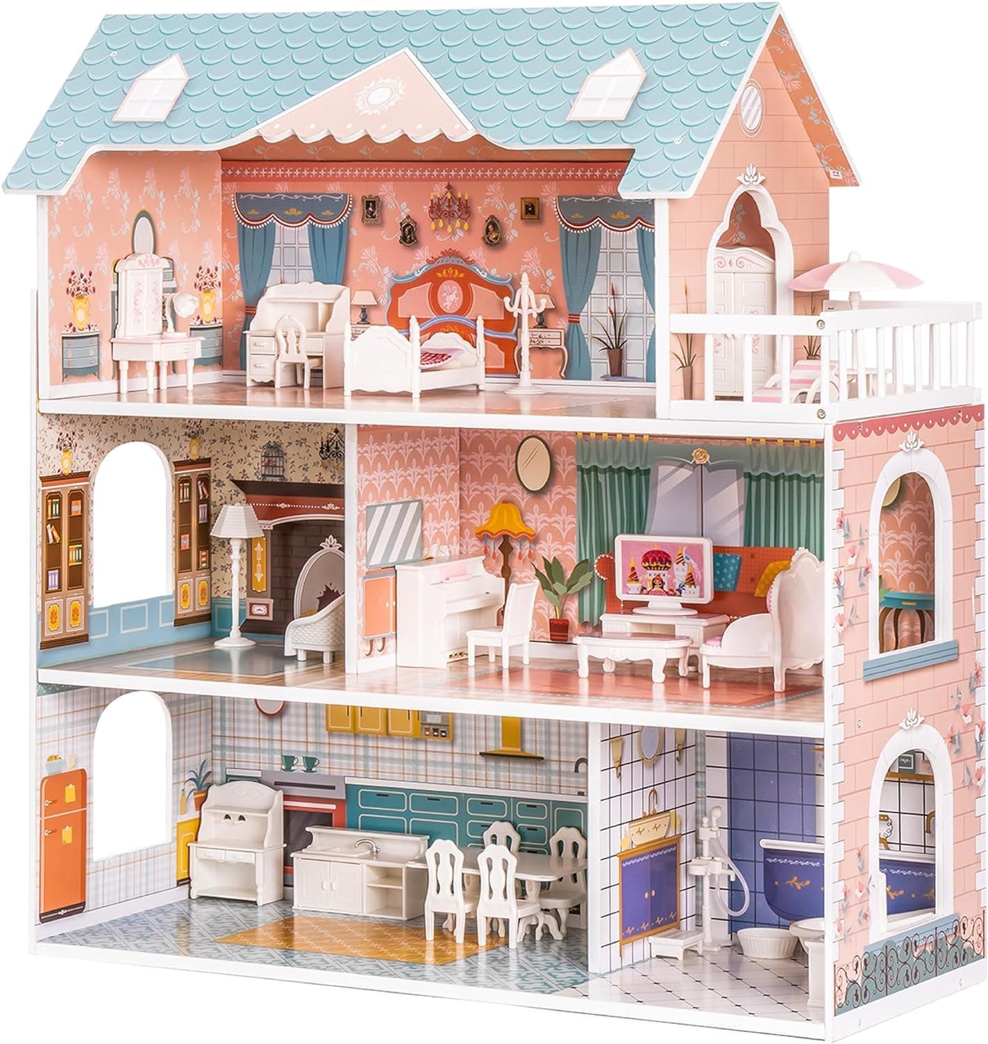 ROBUD Wooden Dollhouse for Kids Girls, Toy Gift, with Furniture Blue, 3-6 Years Old