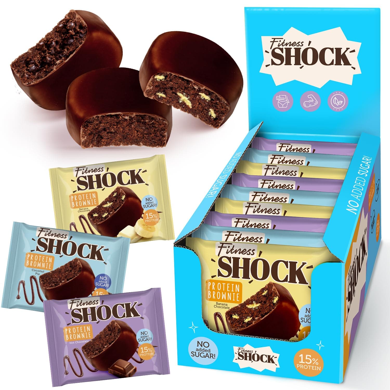 FitnesSHOCK Protein Brownie Dark Chocolate, No Added Sugar, 15%/7,5g Protein, 233kcal, Pre/Post Workout Snack - No Palm Oil, Filling dietary fibre, Soft Texture, 9x50g - Variety pack