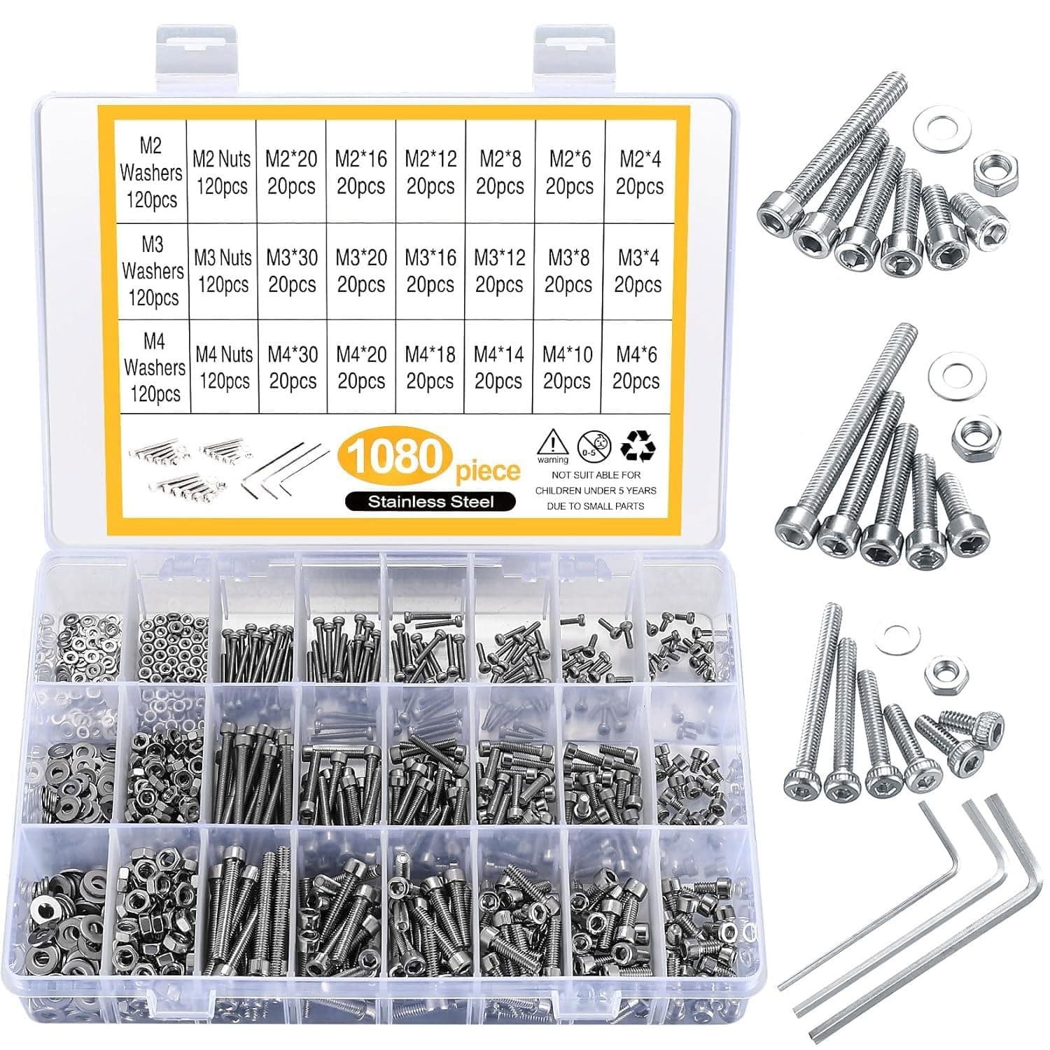 Excefore 1080pcs M4 M3 M2 Stainless Steel Screws Bolts Nuts Lock and Flat Gasket Washers Assortment Kit, Precise Metric Screws and Nuts Set, with 3 Pieces Hex Keys for Free, included Tool Box